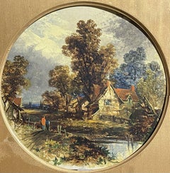VICTORIAN OIL - FOLLOWER OF JOHN CONSTABLE - RURAL RIVER LANDSCAPE WITH FIGURES
