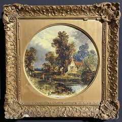 VICTORIAN OIL - FOLLOWER OF JOHN CONSTABLE - RURAL RIVER LANDSCAPE WITH FIGURES 