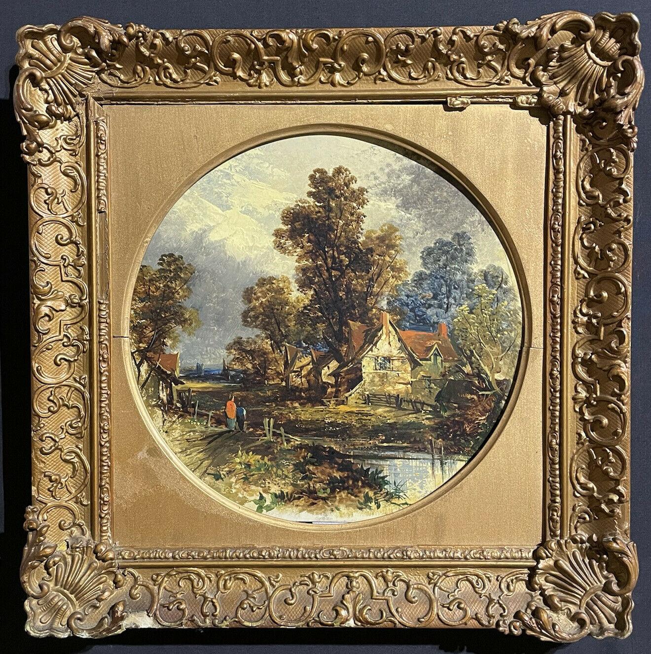 VICTORIAN OIL FOLLOWER OF JOHN CONSTABLE RURAL RIVER LANDSCAPE WITH FIGURES 