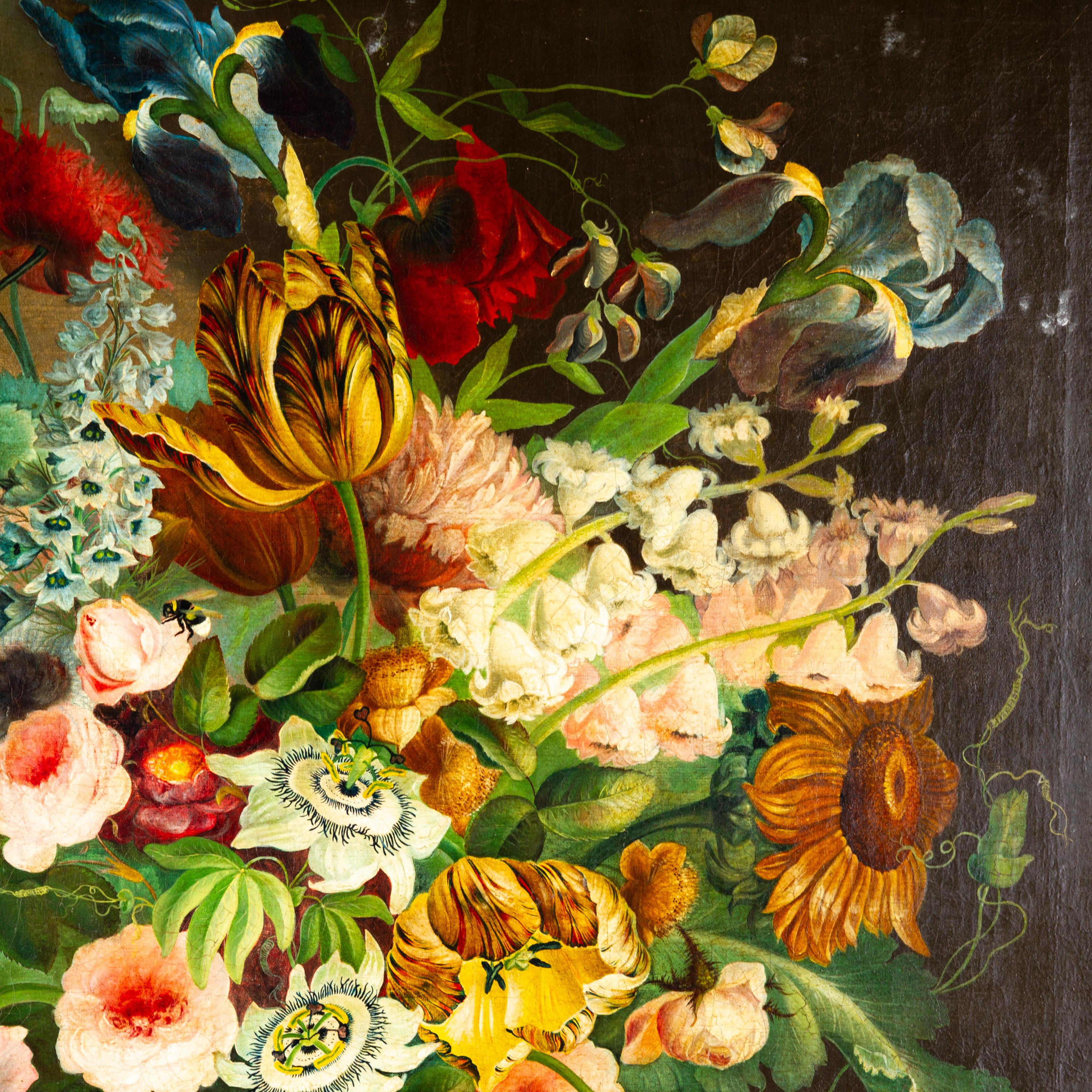 Huge Dutch old master, oil on canvas depicting a still life of flowers on a stone ledge with bird nests, in a classical garden landcape. Vibrant colours, canvas housed in a giltwood frame.

Justus van Huysum, also spelled Huijsum, (July 8, 1659 in