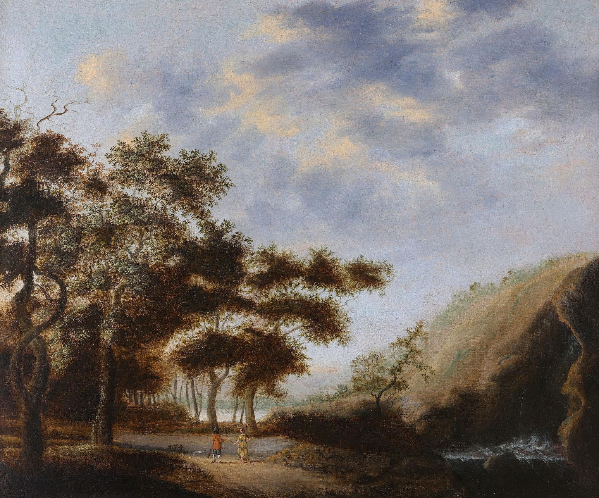 'A woodland Pathway' Follower of Meindert Hobbema. Framed antique oil painting im Angebot 1