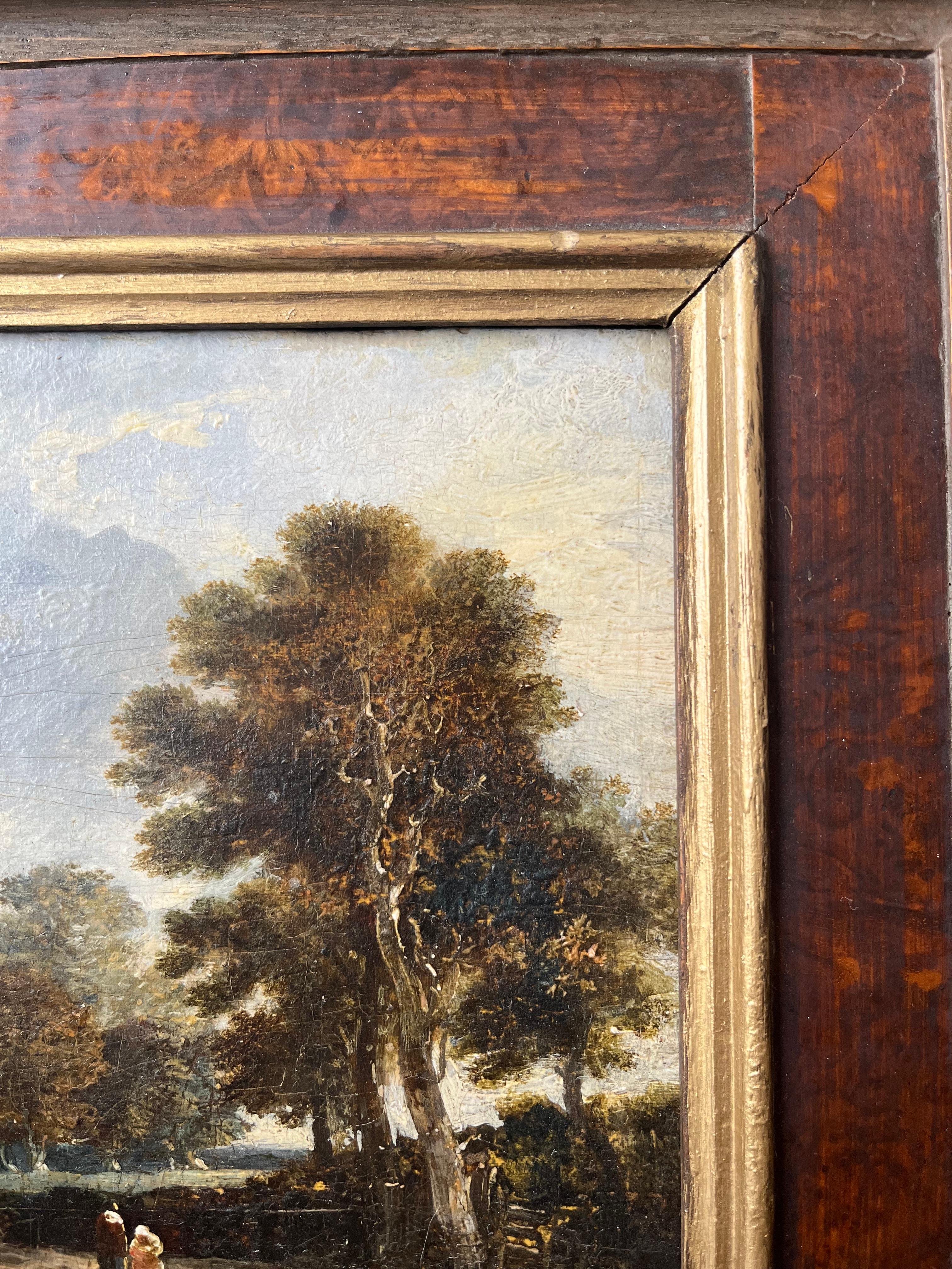 École hollandaise, XVIIIe siècle, Huile sur panneau de maître ancien, personnages sur un chemin de campagne 5