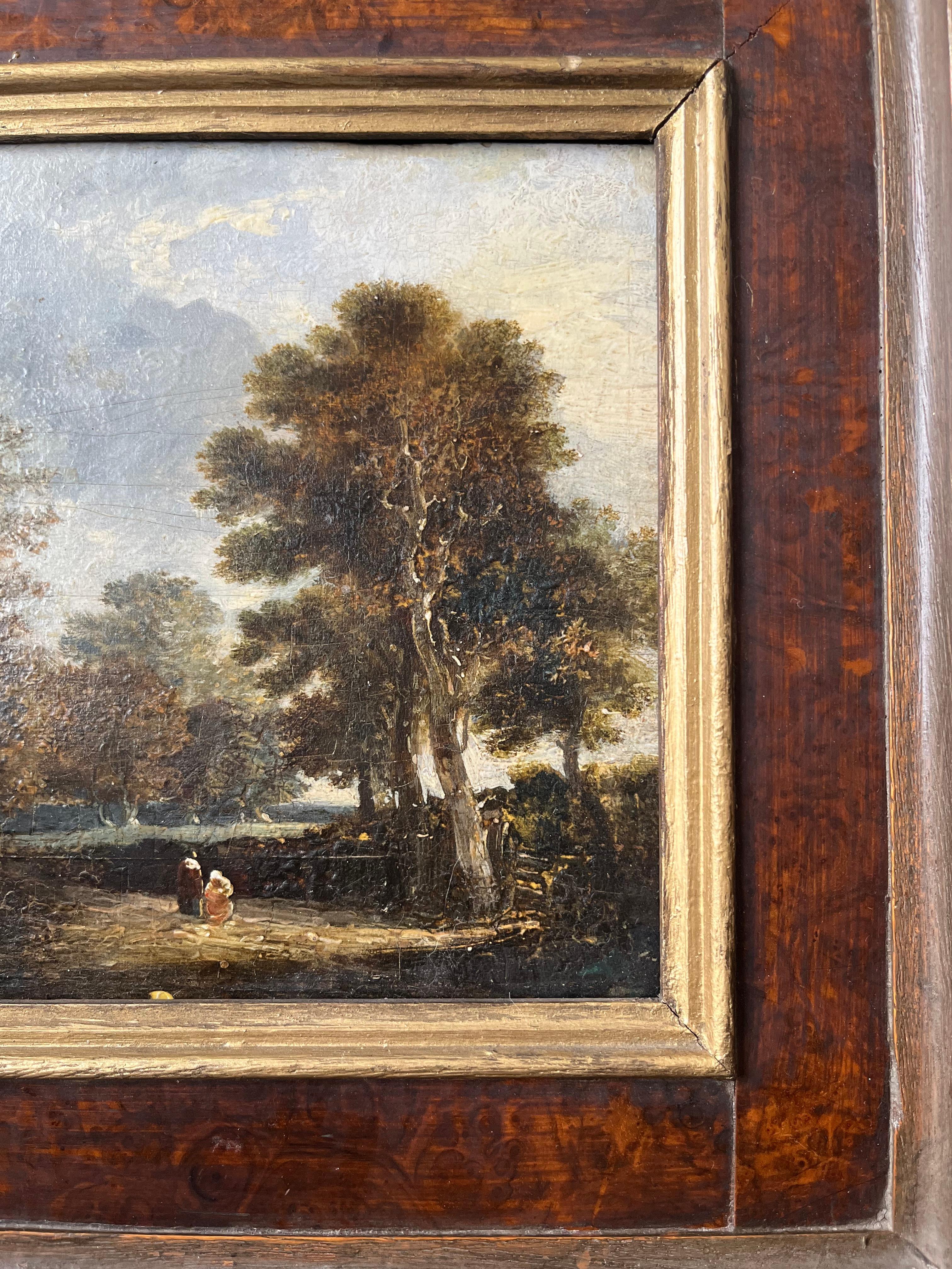 École hollandaise, XVIIIe siècle, Huile sur panneau de maître ancien, personnages sur un chemin de campagne 6