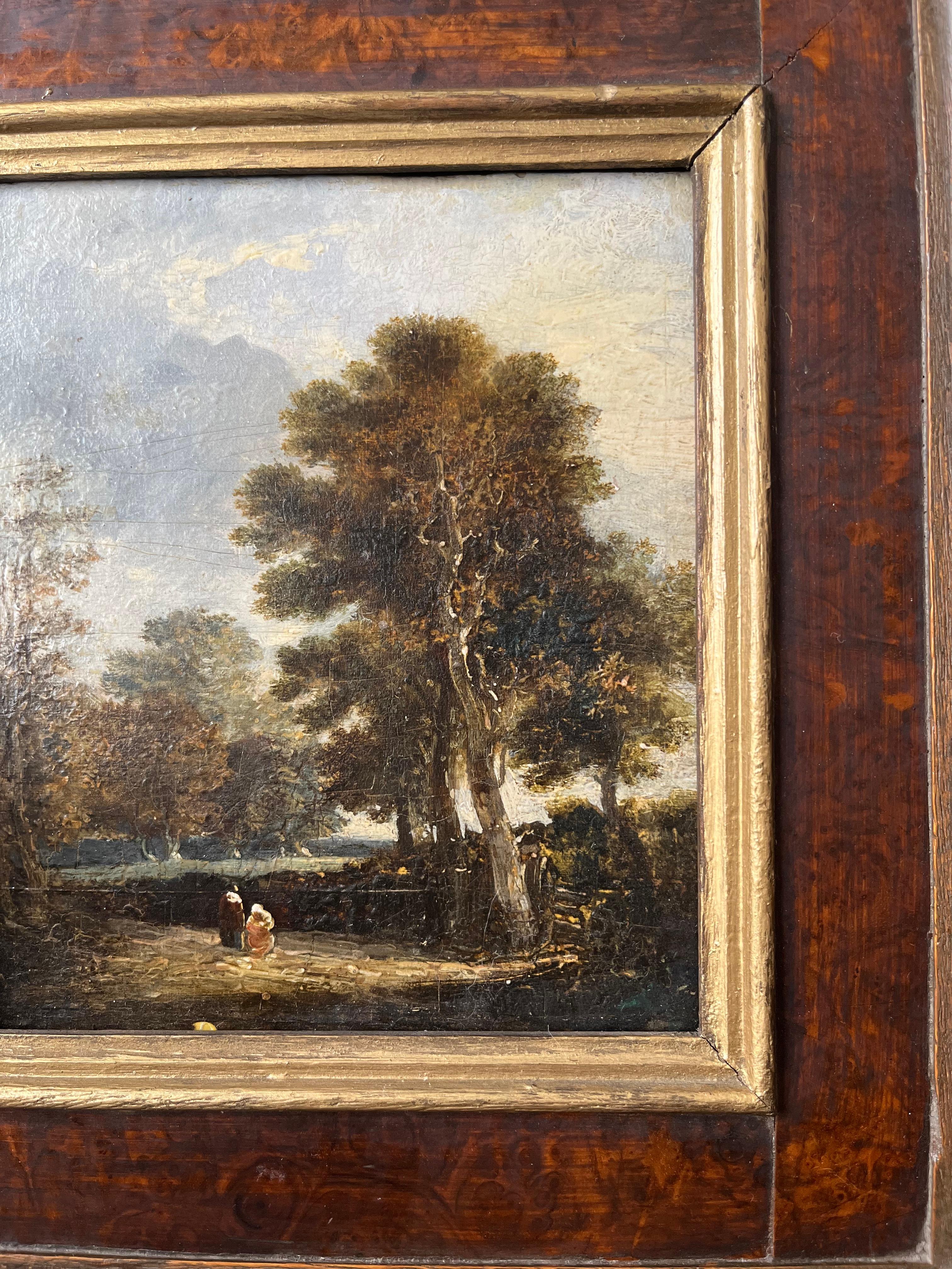 École hollandaise, XVIIIe siècle, Huile sur panneau de maître ancien, personnages sur un chemin de campagne 7