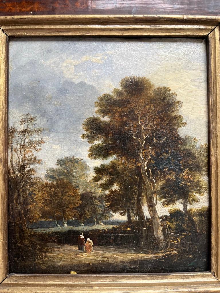 École hollandaise, XVIIIe siècle, Huile sur panneau de maître ancien, personnages sur un chemin de campagne 8