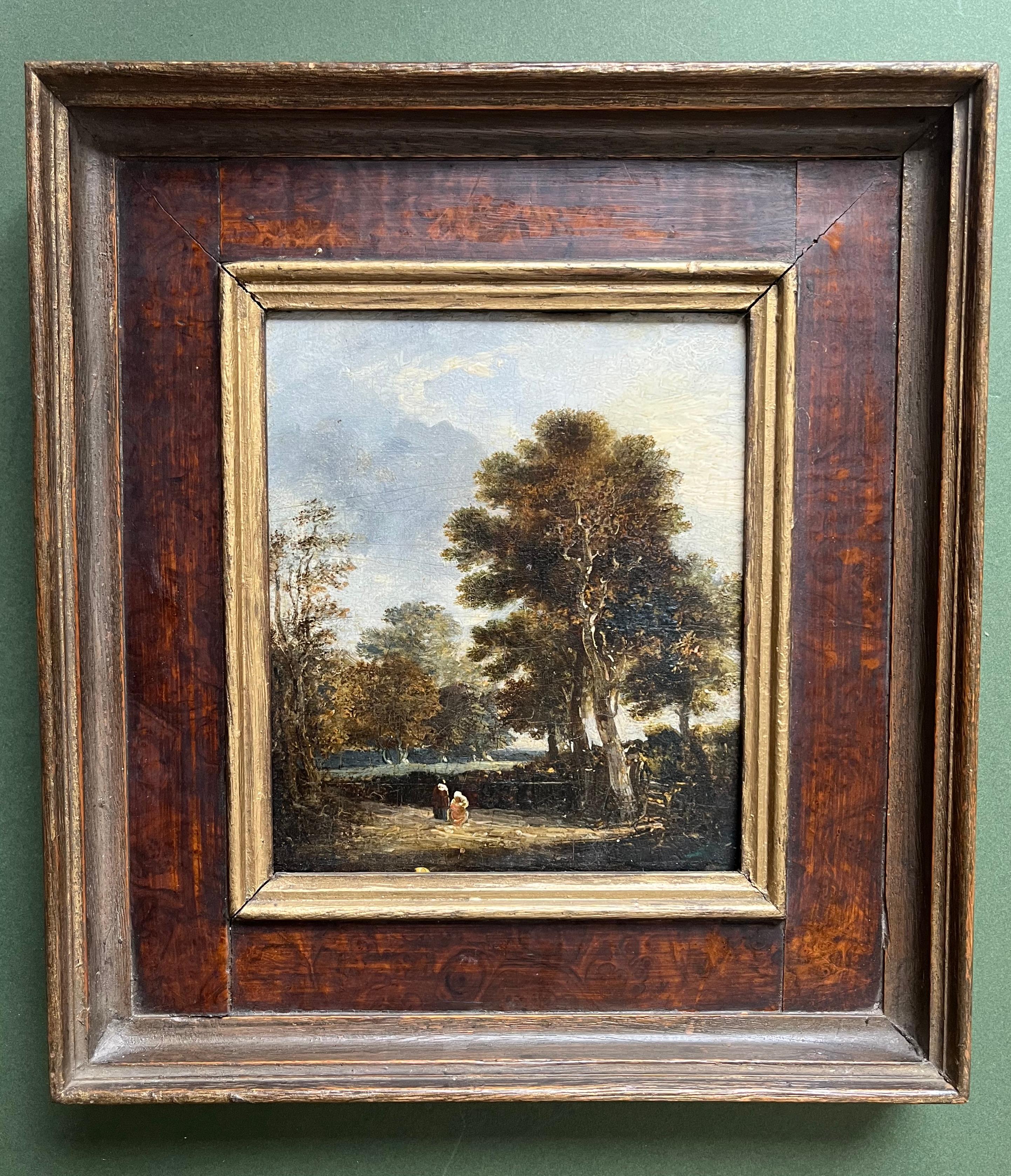 École hollandaise, XVIIIe siècle, Huile sur panneau de maître ancien, personnages sur un chemin de campagne 9