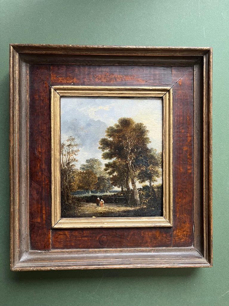 École hollandaise, XVIIIe siècle, Huile sur panneau de maître ancien, personnages sur un chemin de campagne 12