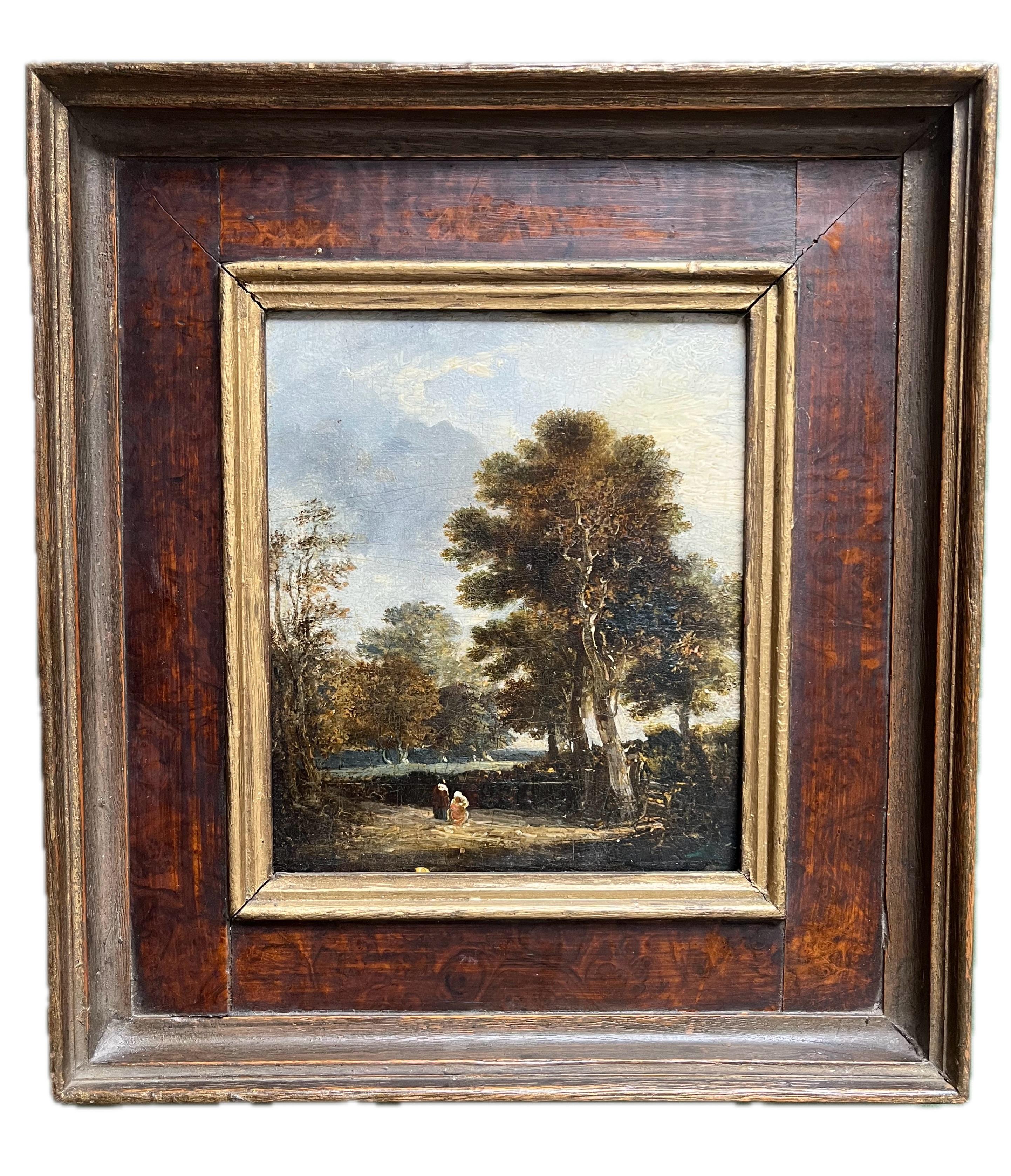 École hollandaise, XVIIIe siècle, Huile sur panneau de maître ancien, personnages sur un chemin de campagne - Painting de Follower of Meindert Hobbema