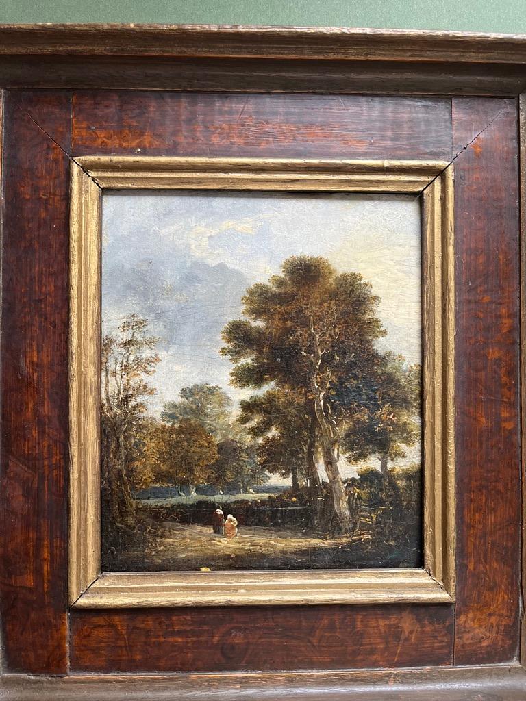 École hollandaise, XVIIIe siècle, Huile sur panneau de maître ancien, personnages sur un chemin de campagne - Maîtres anciens Painting par Follower of Meindert Hobbema