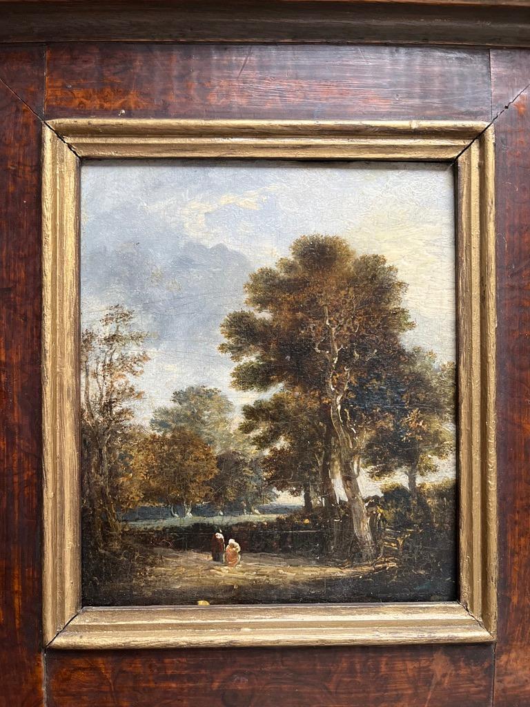 École hollandaise, XVIIIe siècle, Huile sur panneau de maître ancien, personnages sur un chemin de campagne - Marron Landscape Painting par Follower of Meindert Hobbema