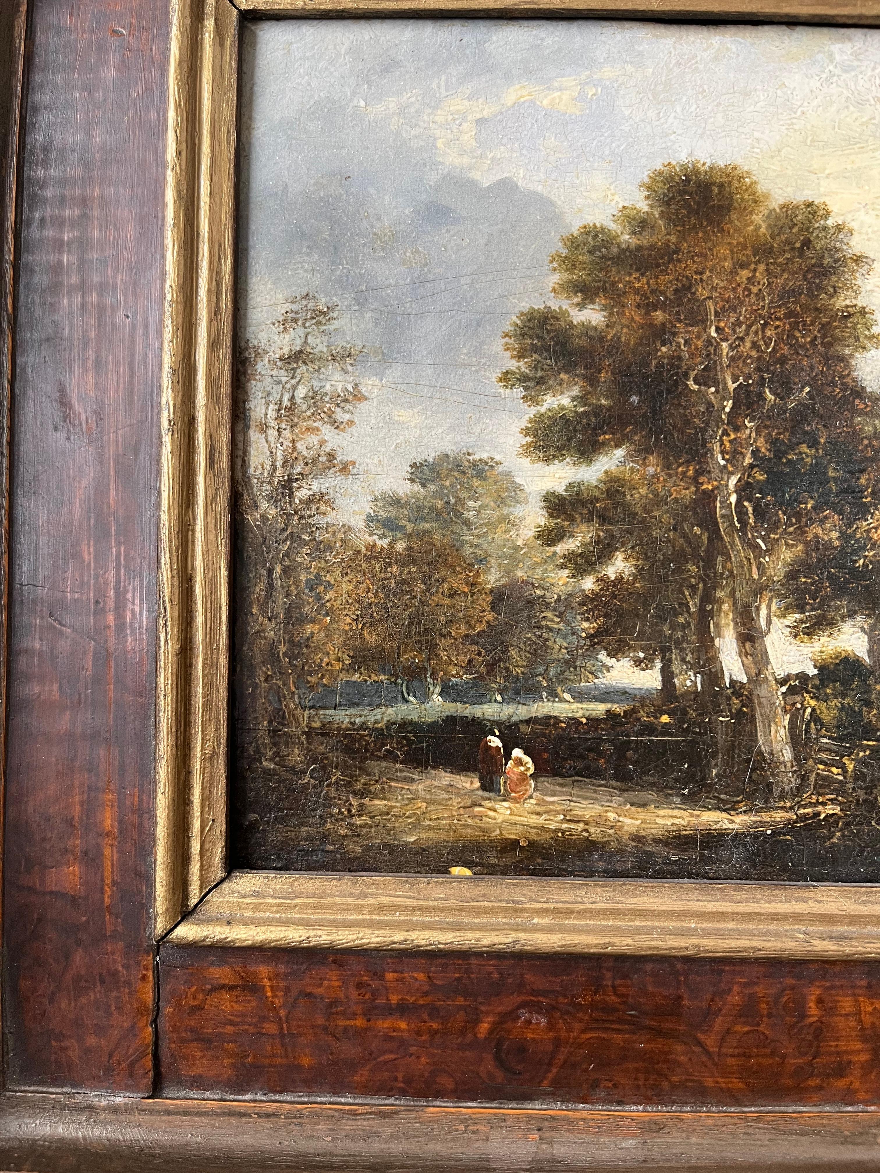 Une très belle huile sur panneau de chêne ancien présentée dans un beau cadre de la même époque.

Disciple de Meindert Hobbema (1638-1709)
Figures sur un chemin forestier
Huile sur panneau
6½ x 5¾ pouces sans le cadre
11 x 10 pouces avec le cadre
Il
