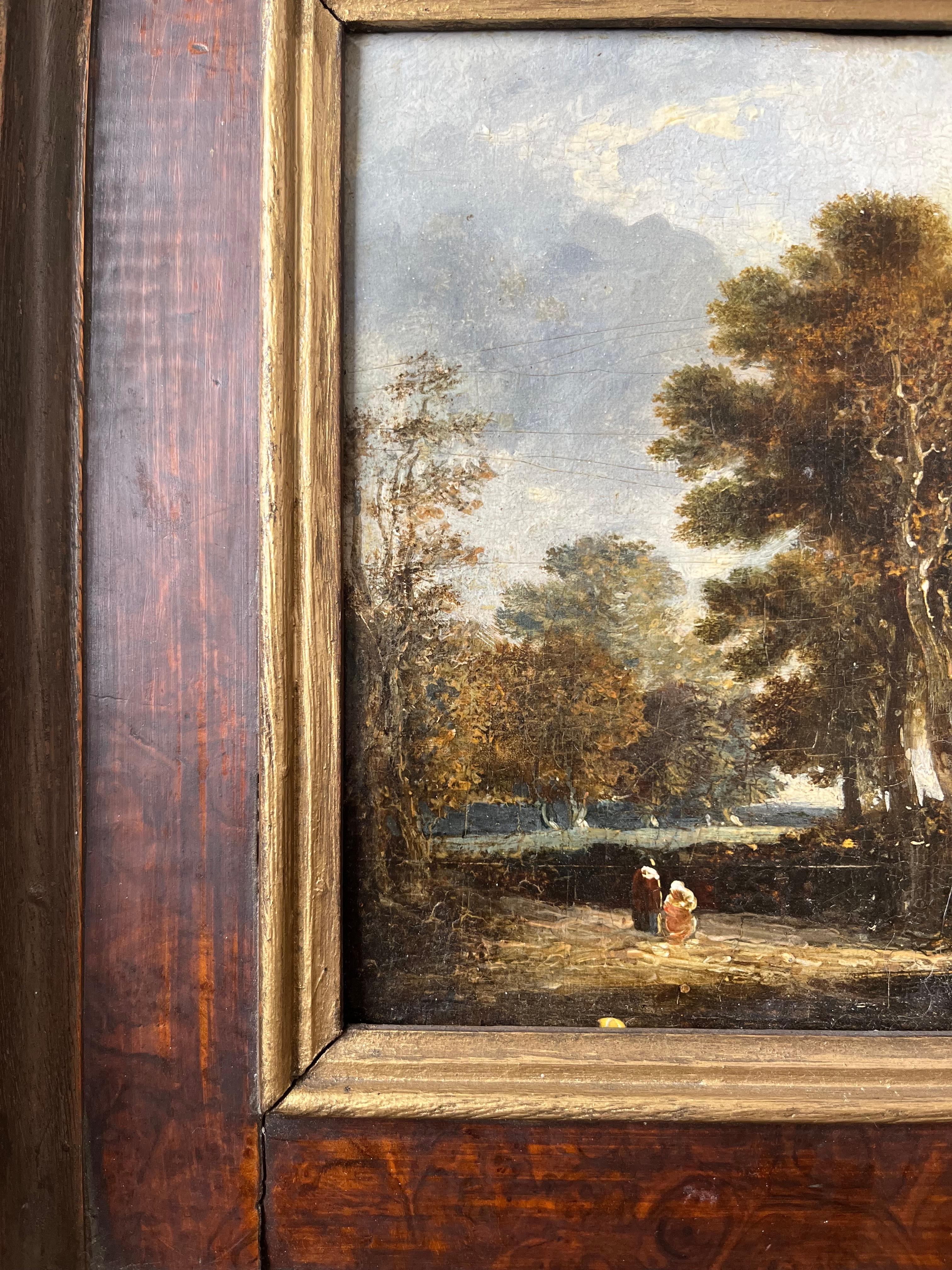 École hollandaise, XVIIIe siècle, Huile sur panneau de maître ancien, personnages sur un chemin de campagne 1