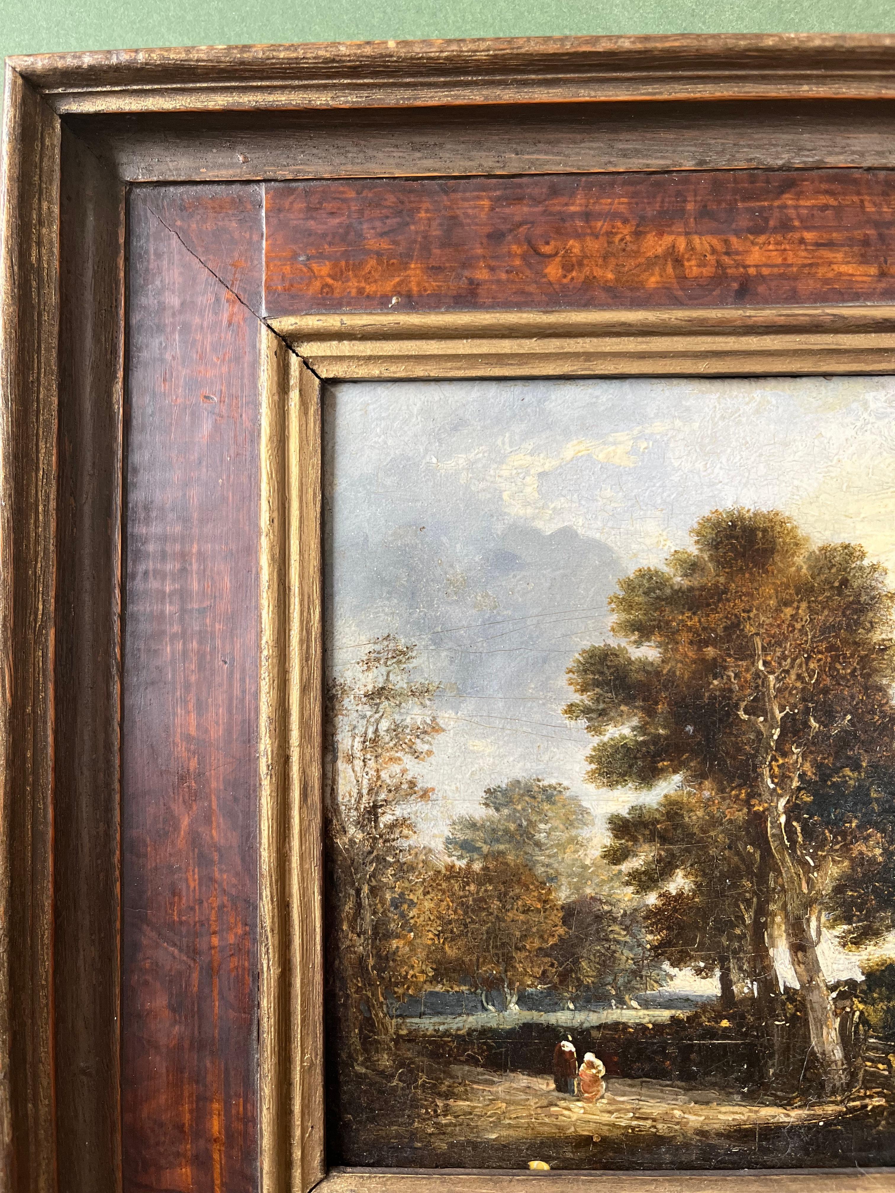 École hollandaise, XVIIIe siècle, Huile sur panneau de maître ancien, personnages sur un chemin de campagne 2