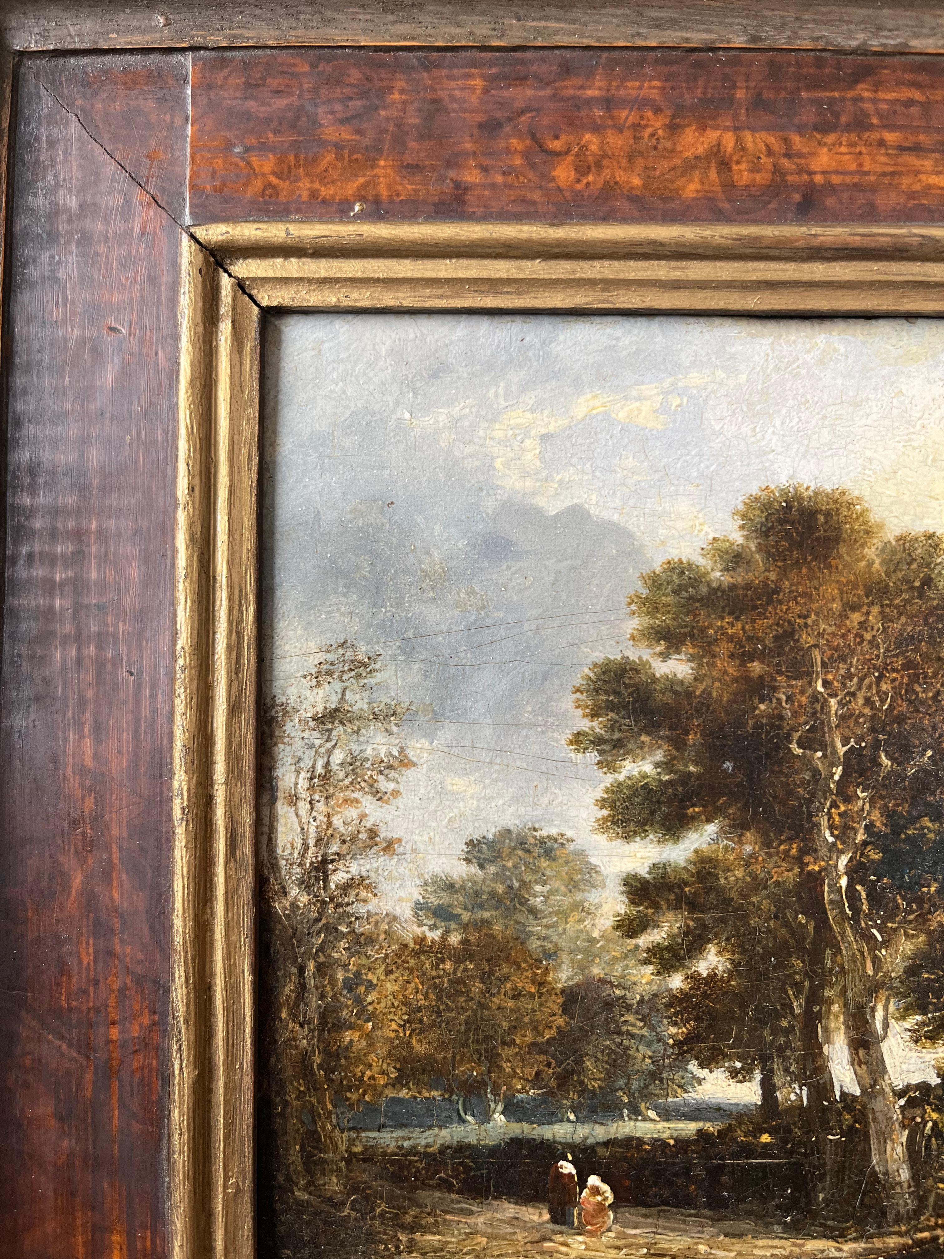 École hollandaise, XVIIIe siècle, Huile sur panneau de maître ancien, personnages sur un chemin de campagne 3