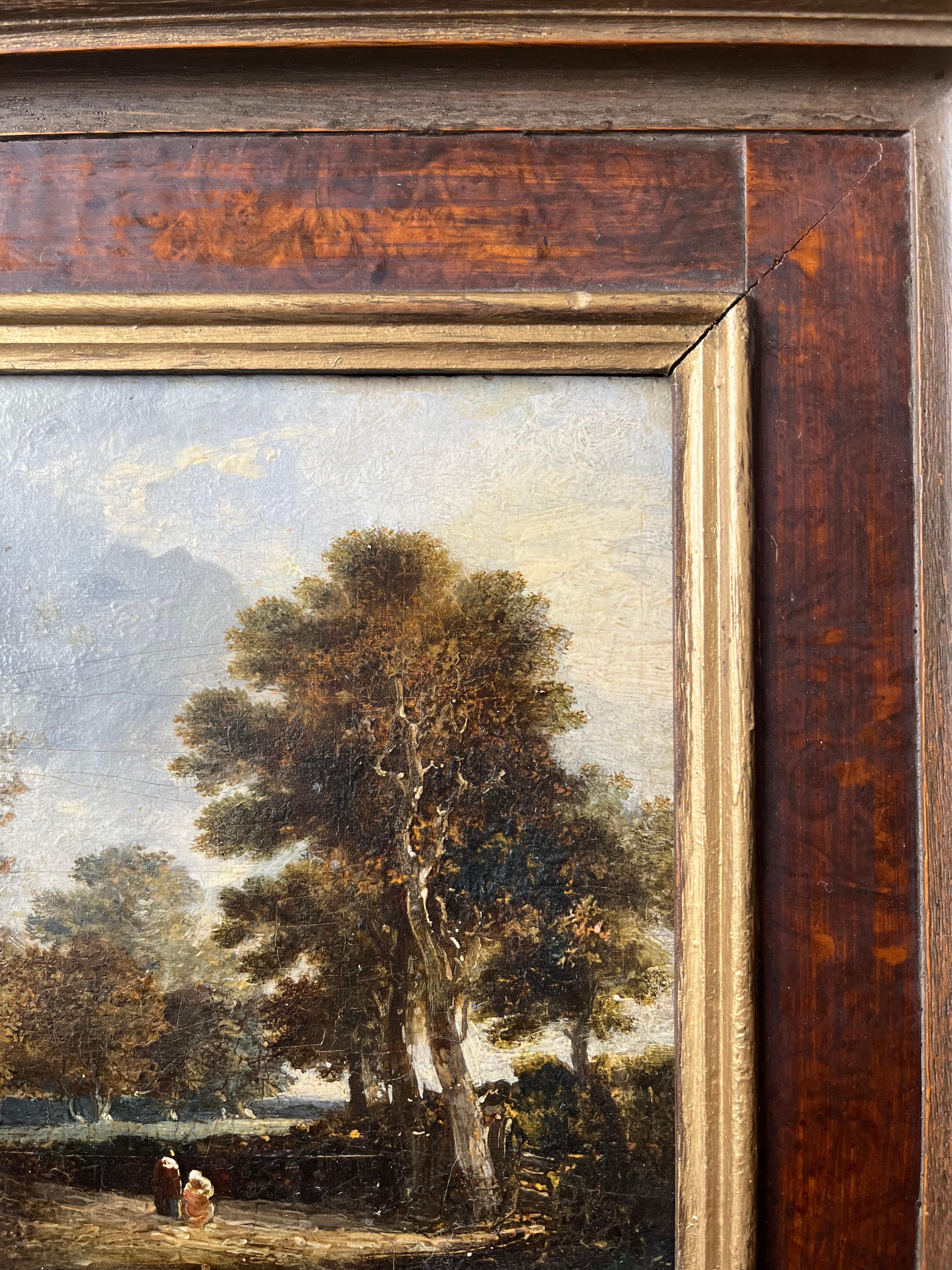 École hollandaise, XVIIIe siècle, Huile sur panneau de maître ancien, personnages sur un chemin de campagne 4