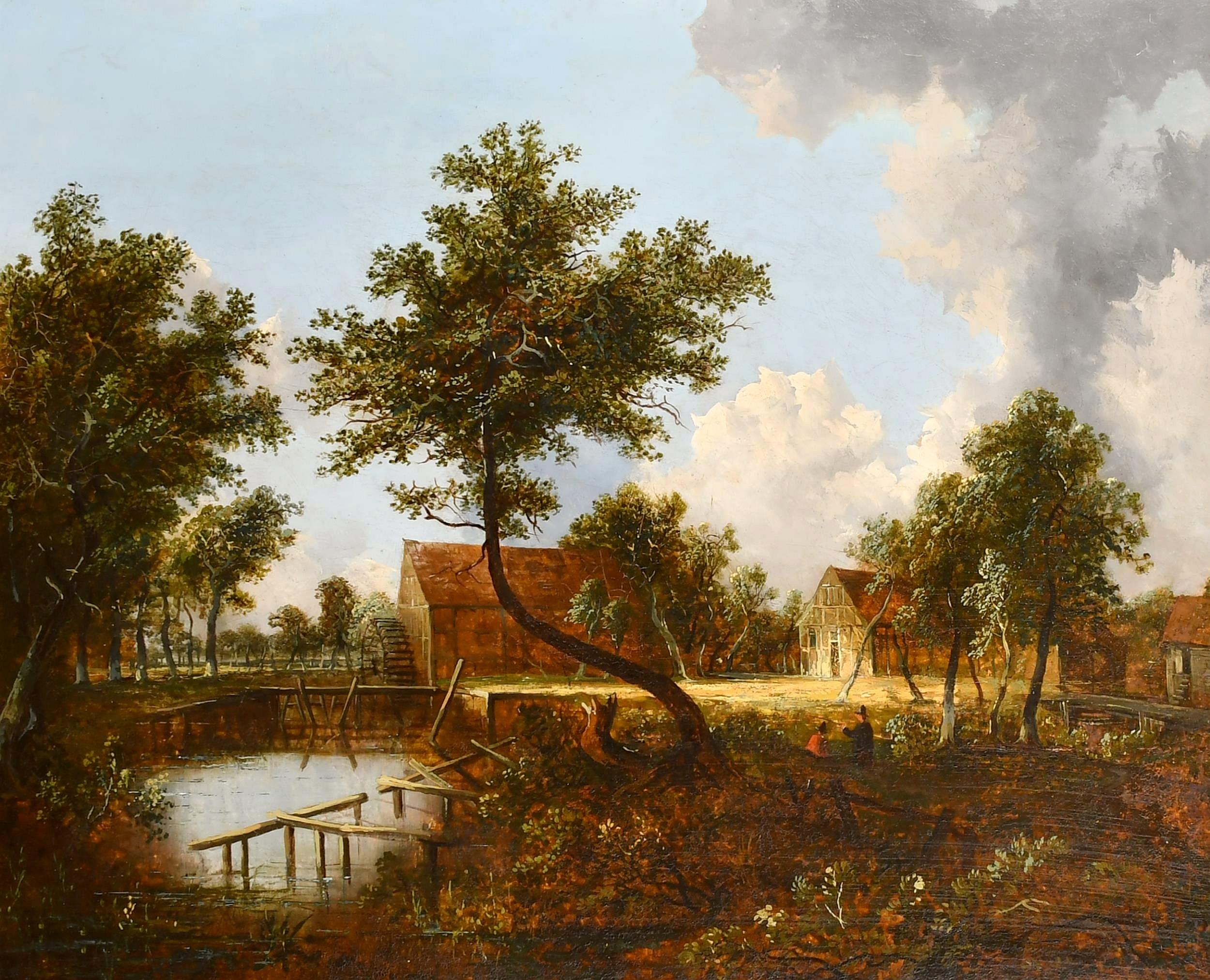 A beautiful and very large mid 19th century oil on canvas depicting figures in a Dutch landscape with watermill, in the style of Meindert Hobbema.

The work is very well painted and in excellent condition for age. Presented in a gold frame and