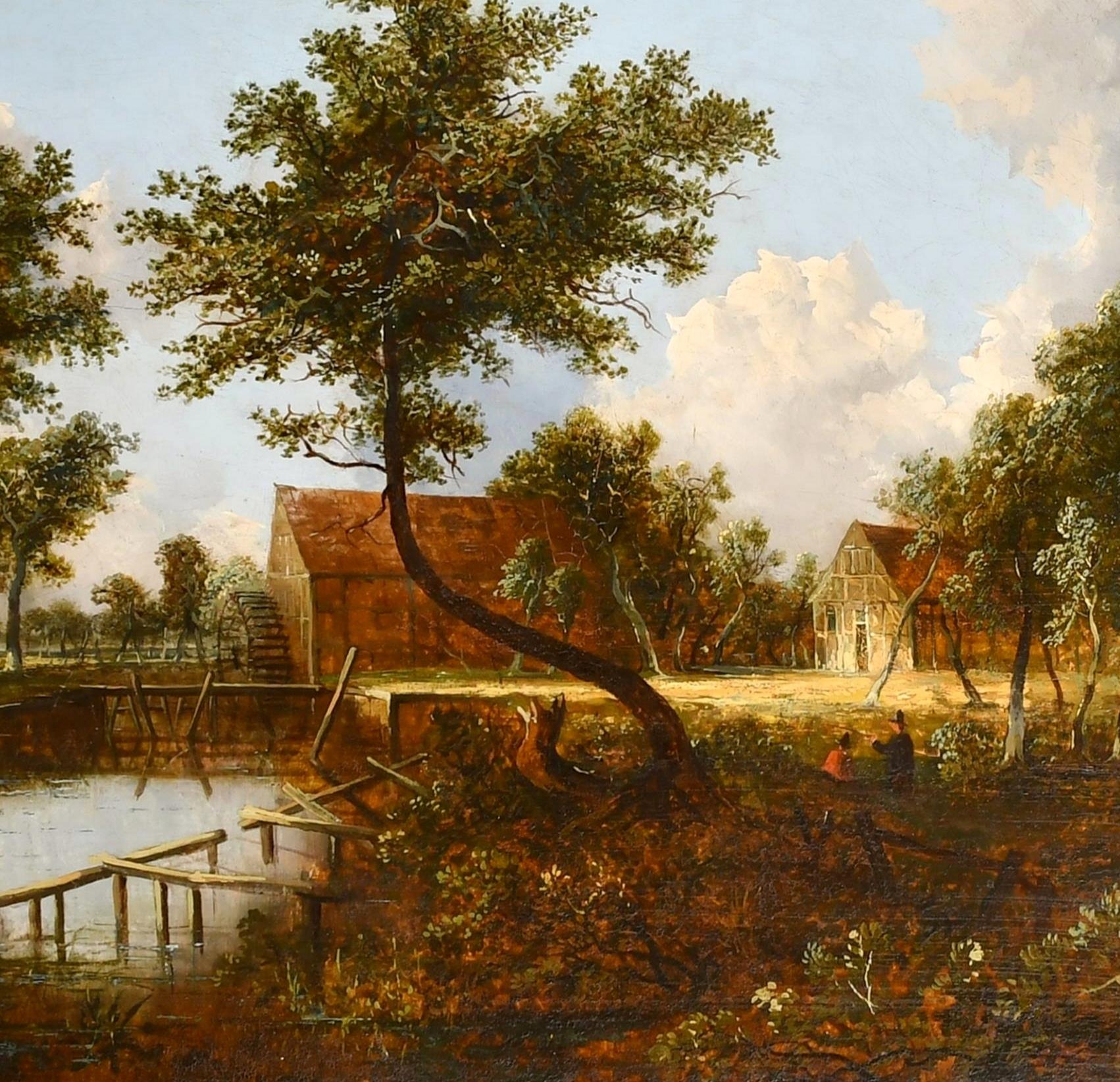 Figures in a Dutch Landscape - Large Antique 19th Century Oil on Canvas Painting For Sale 1
