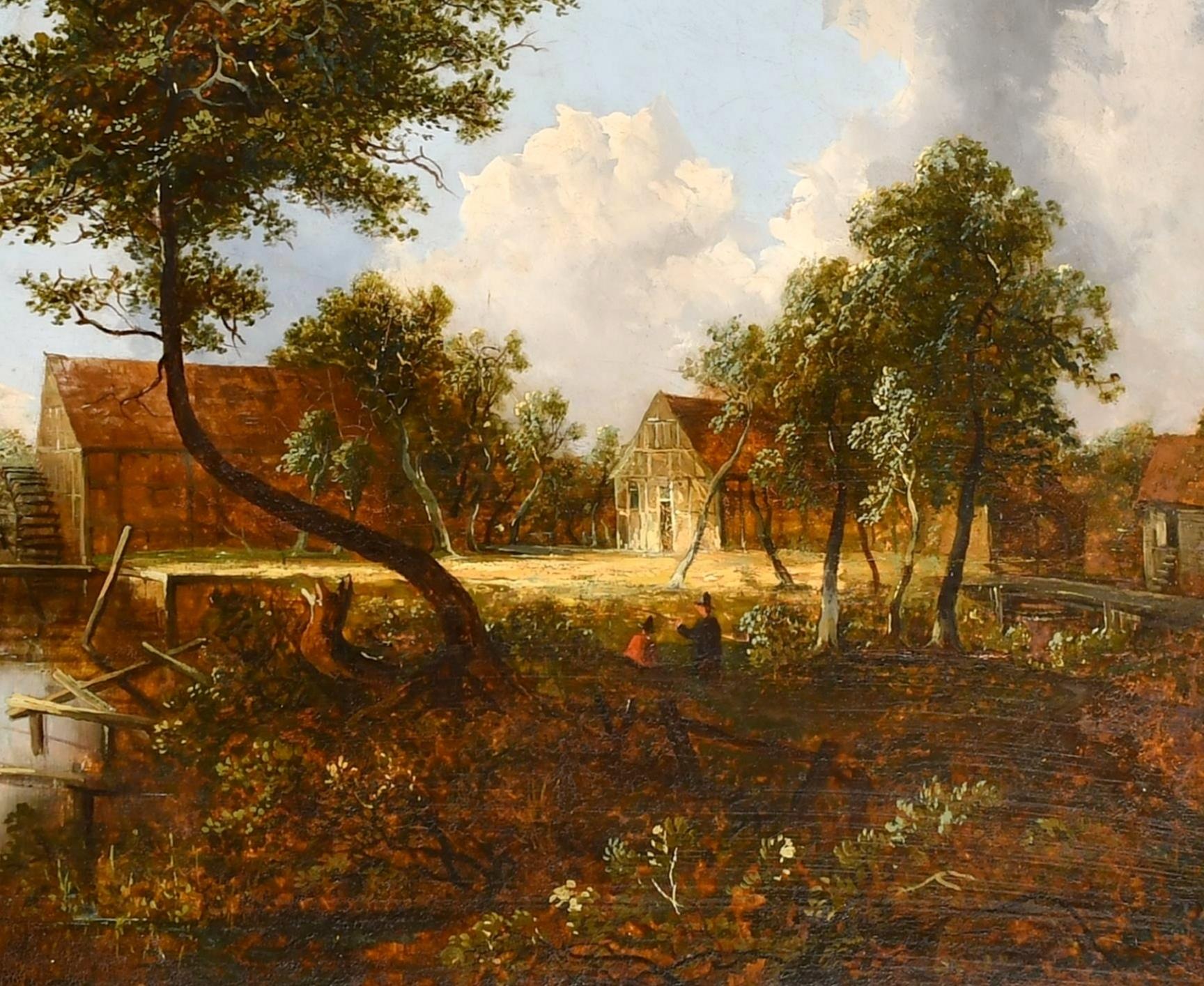 Figures in a Dutch Landscape - Large Antique 19th Century Oil on Canvas Painting For Sale 2
