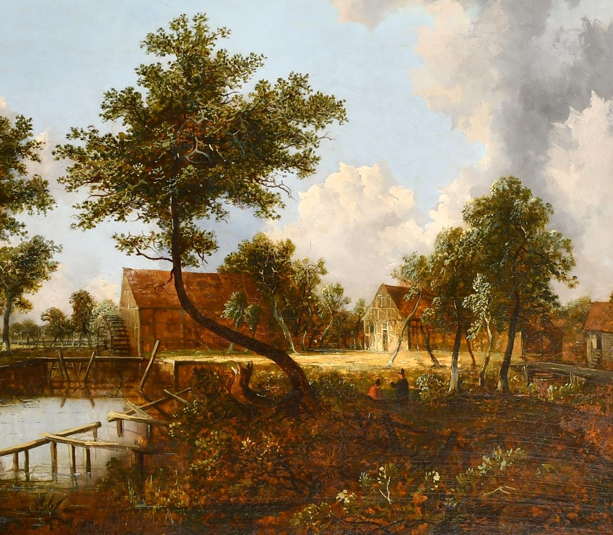 Figures in a Dutch Landscape - Large Antique 19th Century Oil on Canvas Painting For Sale 3