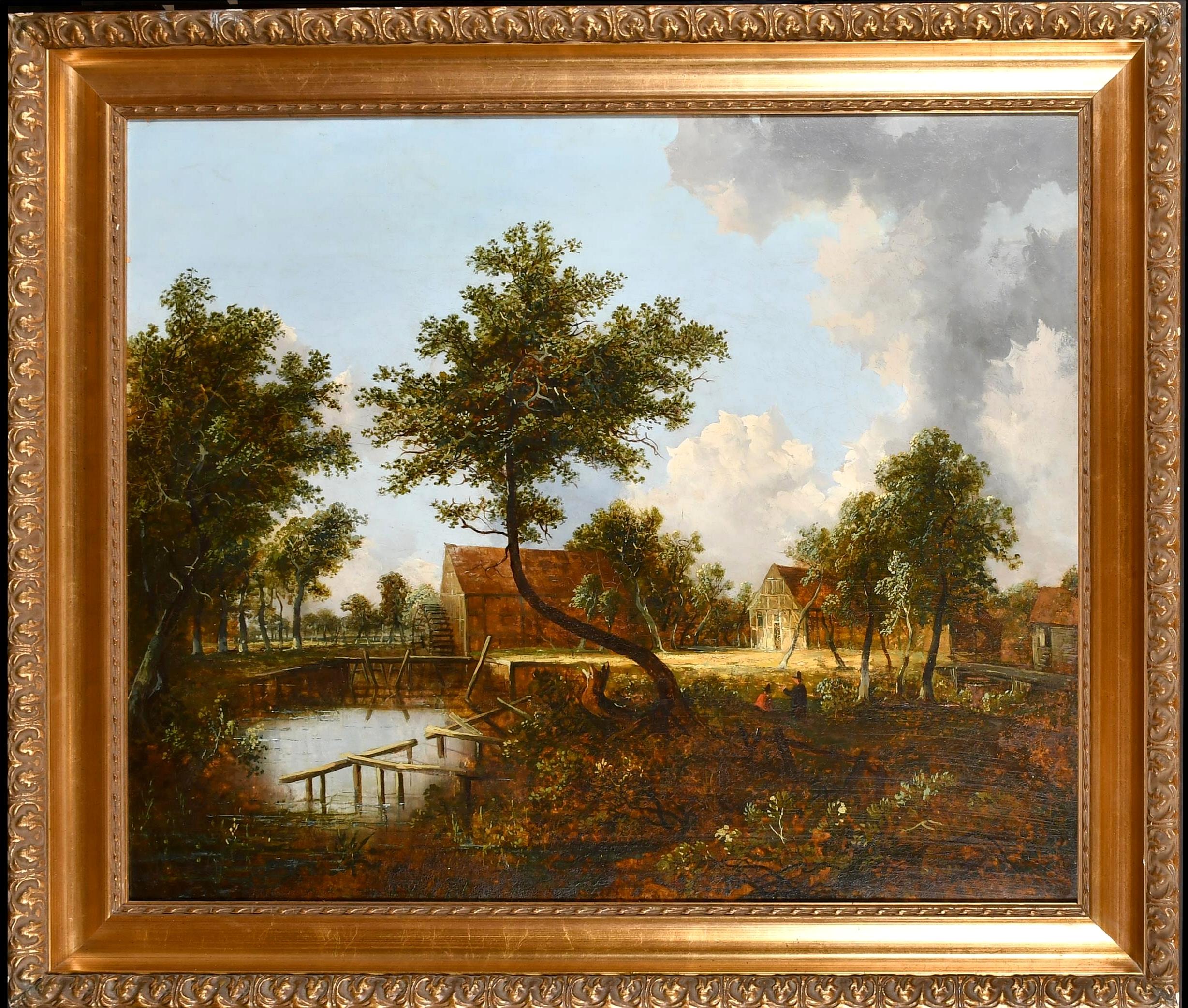 Follower of Meindert Hobbema Landscape Painting - Figures in a Dutch Landscape - Large Antique 19th Century Oil on Canvas Painting
