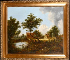 Figures in a Dutch Landscape - Large Antique 19th Century Oil on Canvas Painting