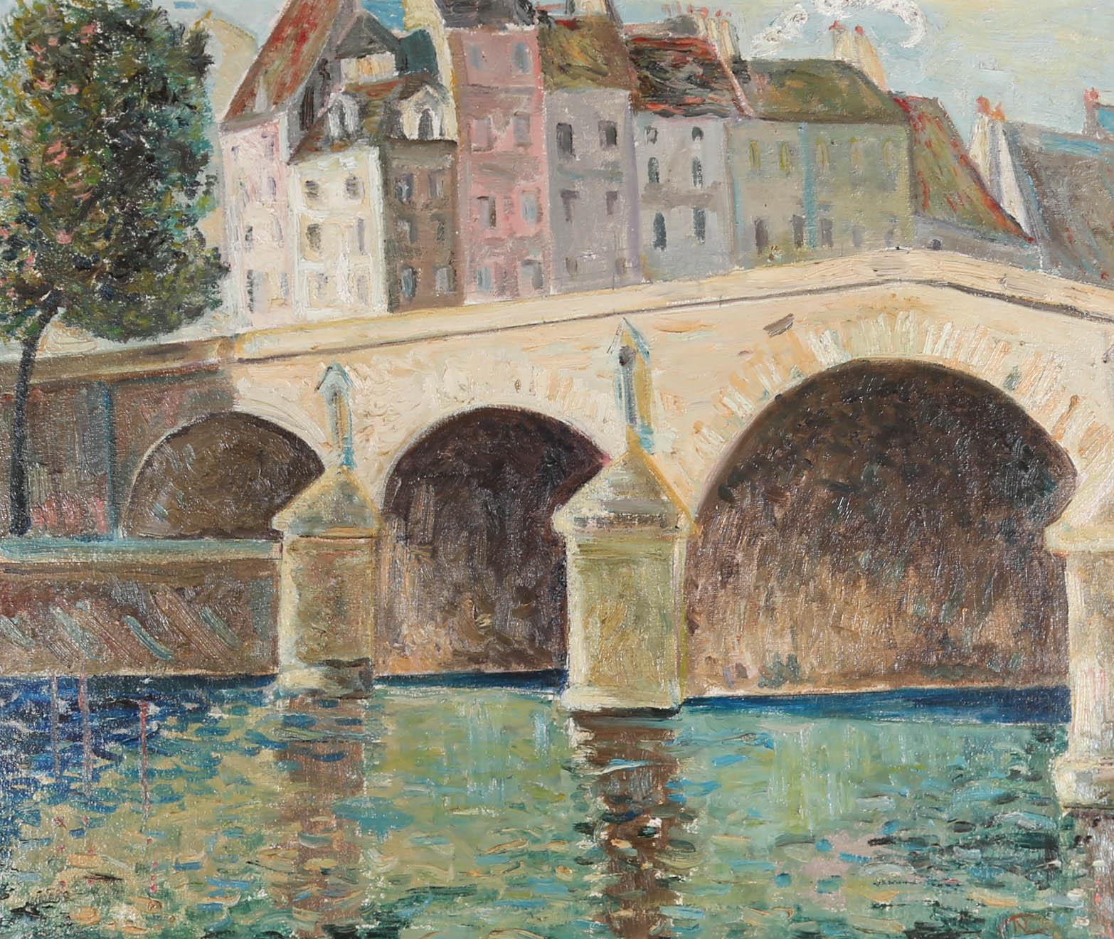 A delicate impasto scene attributed to Norman Lloyd (1895 -1983), depicting a colourful row of Parisian houses poised above a town bridge & quiet river embankment. Signed with monogram to the lower right-hand corner. The impressionistic oil is well