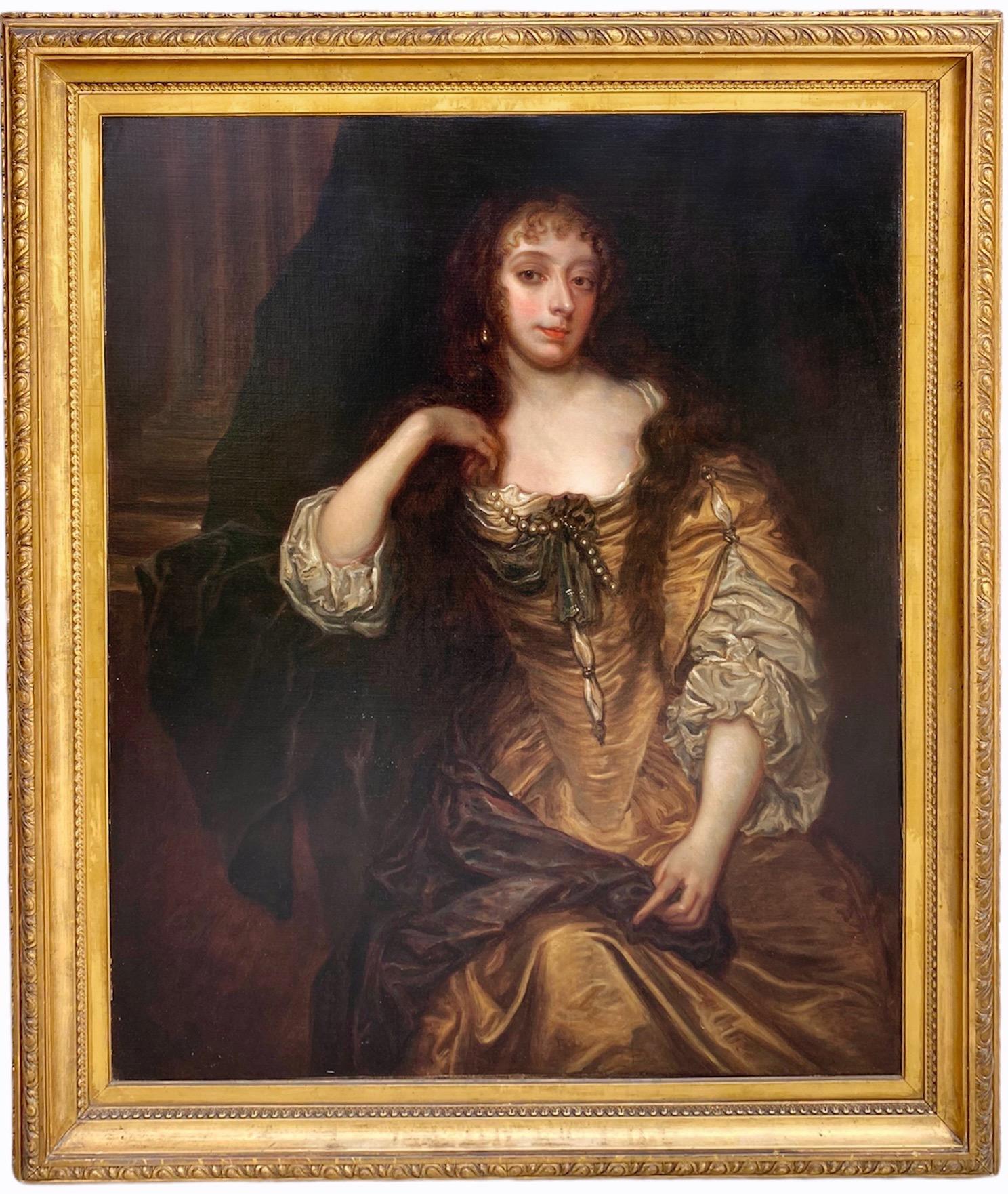 (follower of) Peter Lely Figurative Painting - Huge Antique British portrait painting of a Noble Woman - Peter Lely Pearls