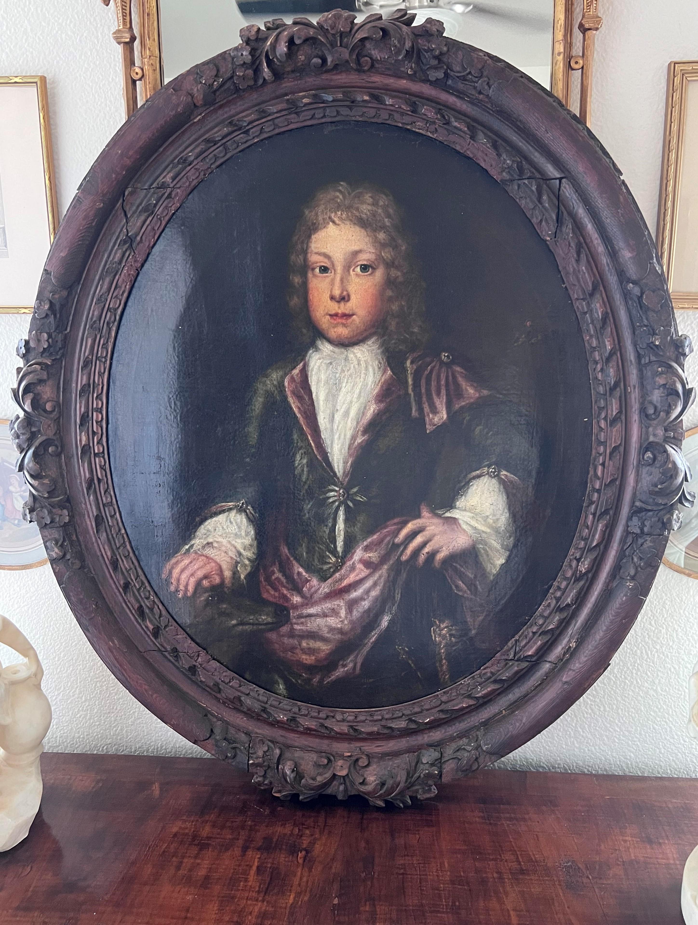 Barockes Porträt eines Jungen und seines Hundes – Painting von (Follower of) Sir Godfrey Kneller