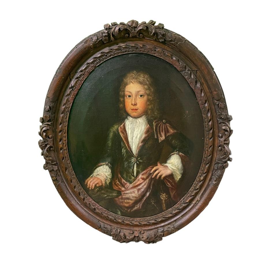 (Follower of) Sir Godfrey Kneller Portrait Painting - Baroque English Portrait of boy and his dog