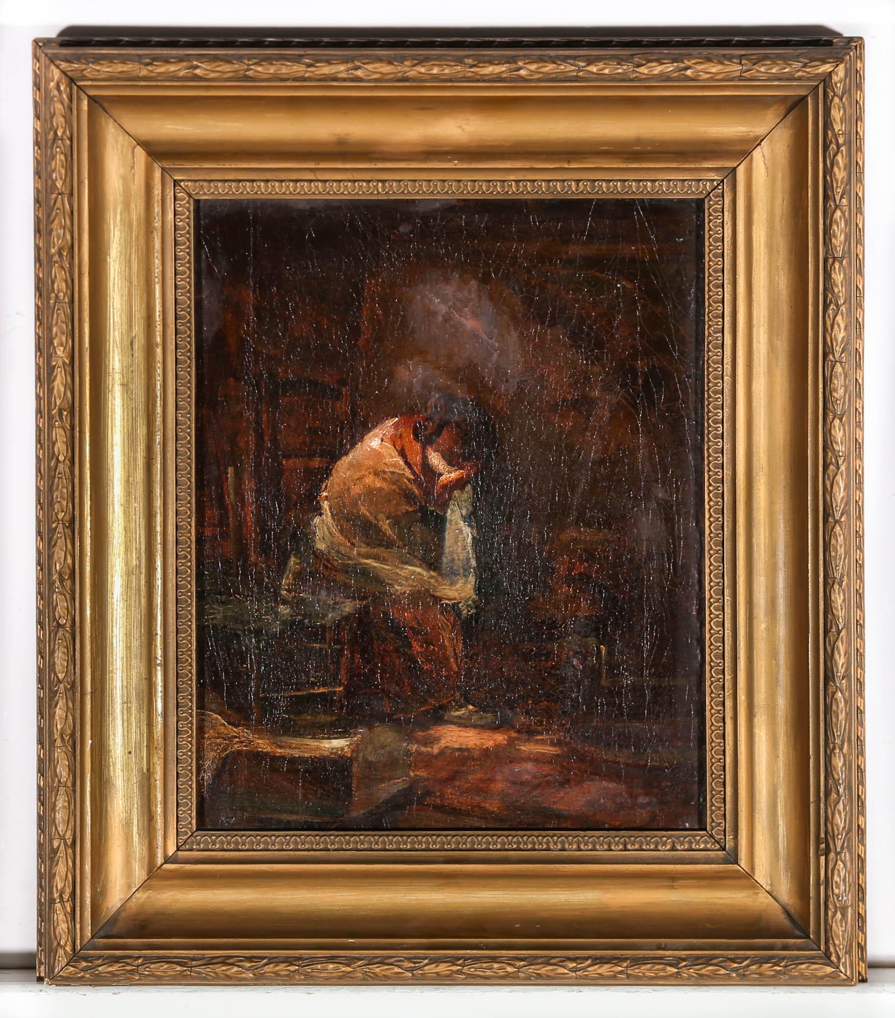 Une scène de genre gestuelle à l'huile représentant une mère en deuil pleurant son bébé perdu. Le tableau est signé des initiales W.I dans le coin inférieur gauche. Bien présenté dans un cadre doré orné d'une langue d'agneau et d'un motif courant de