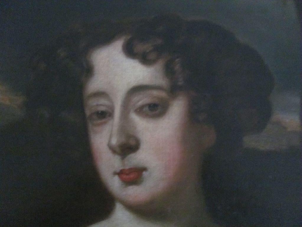 Öl auf Leinwand, 19. Jahrhundert, Porträt einer jungen Frau, vermutlich von Königin Mary II.
nach einem Stich des Gemäldes, Halswell Park Sale, 1948, Los Nr. 1323,
In einem dekorativen vergoldeten Rahmen untergebracht, mit einer Gesamtgröße von 70 x