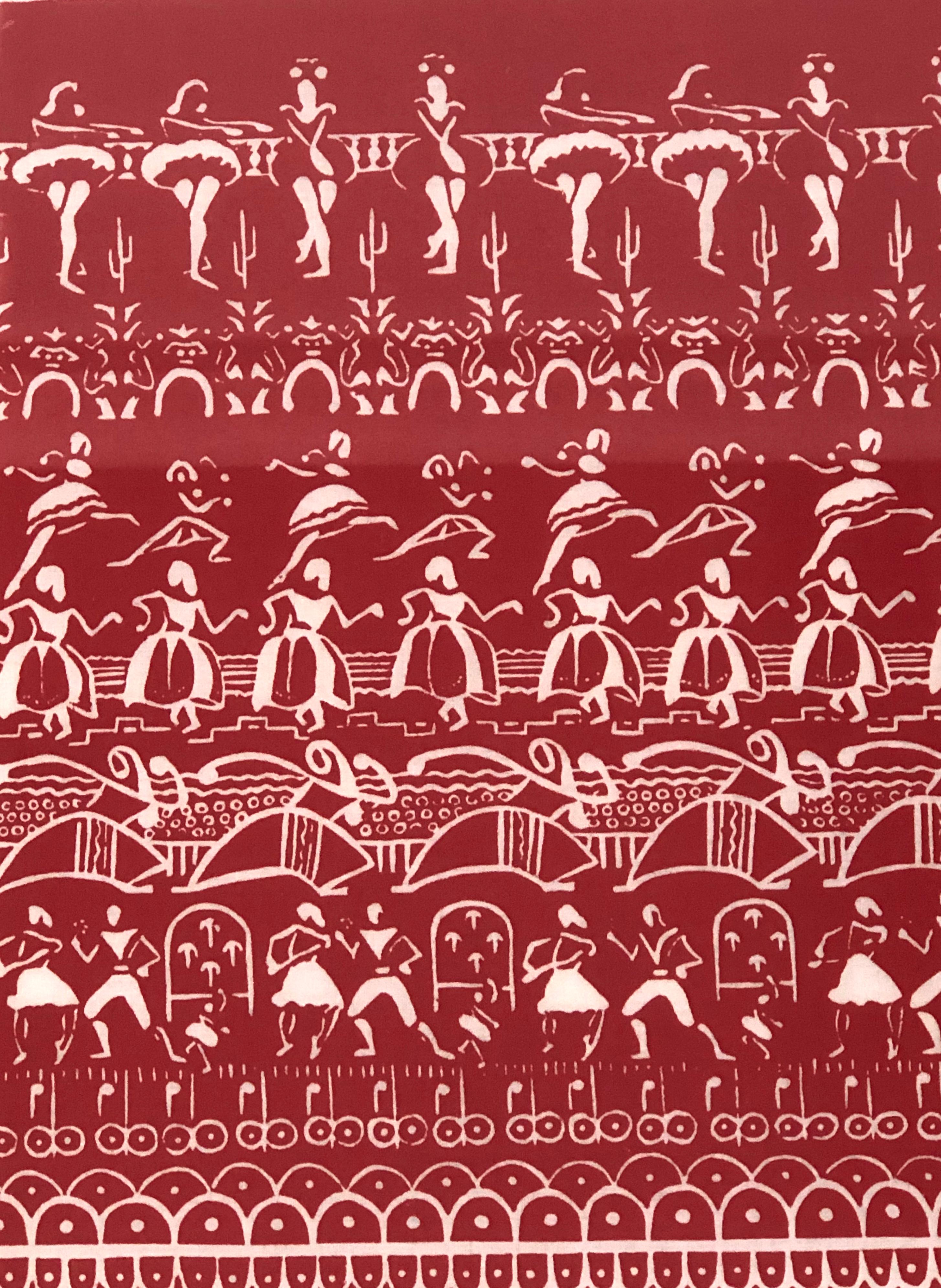 An original Folly Cove Designers hand block printed textile, in the rare Ballet Rehearsal pattern designed by Anthony Iarrobino, circa 1952, in red on white linen. Characteristic of the best Folly Cove designs, Ballet Rehearsal tells a story,