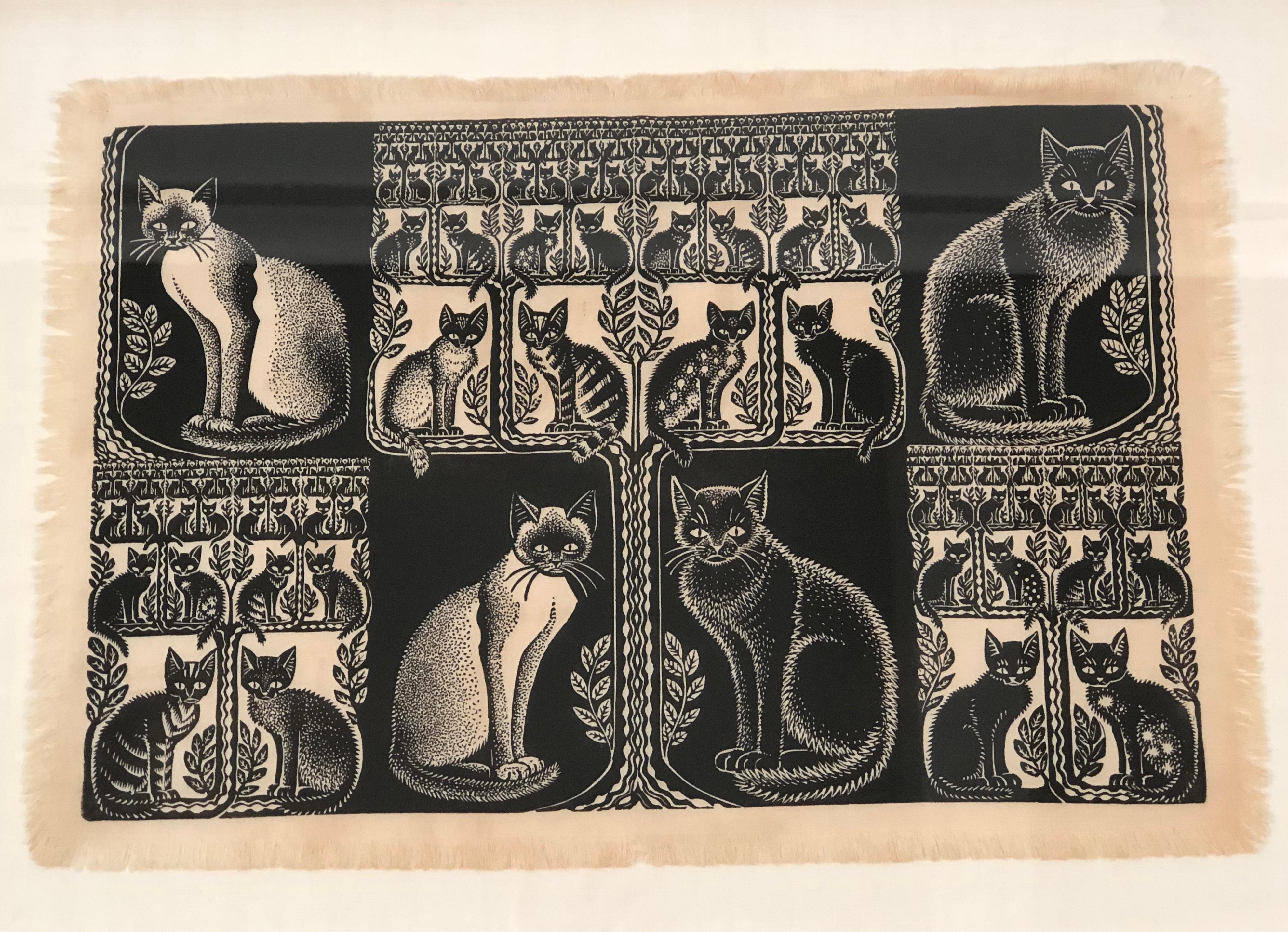 An original Folly Cove designers hand block printed textile, in the Zaidee and her kittens pattern designed by Virginia Lee Burton Demetrios, in black on cream colored linen., depicting an inventive and graphic composition featuring facing dark and