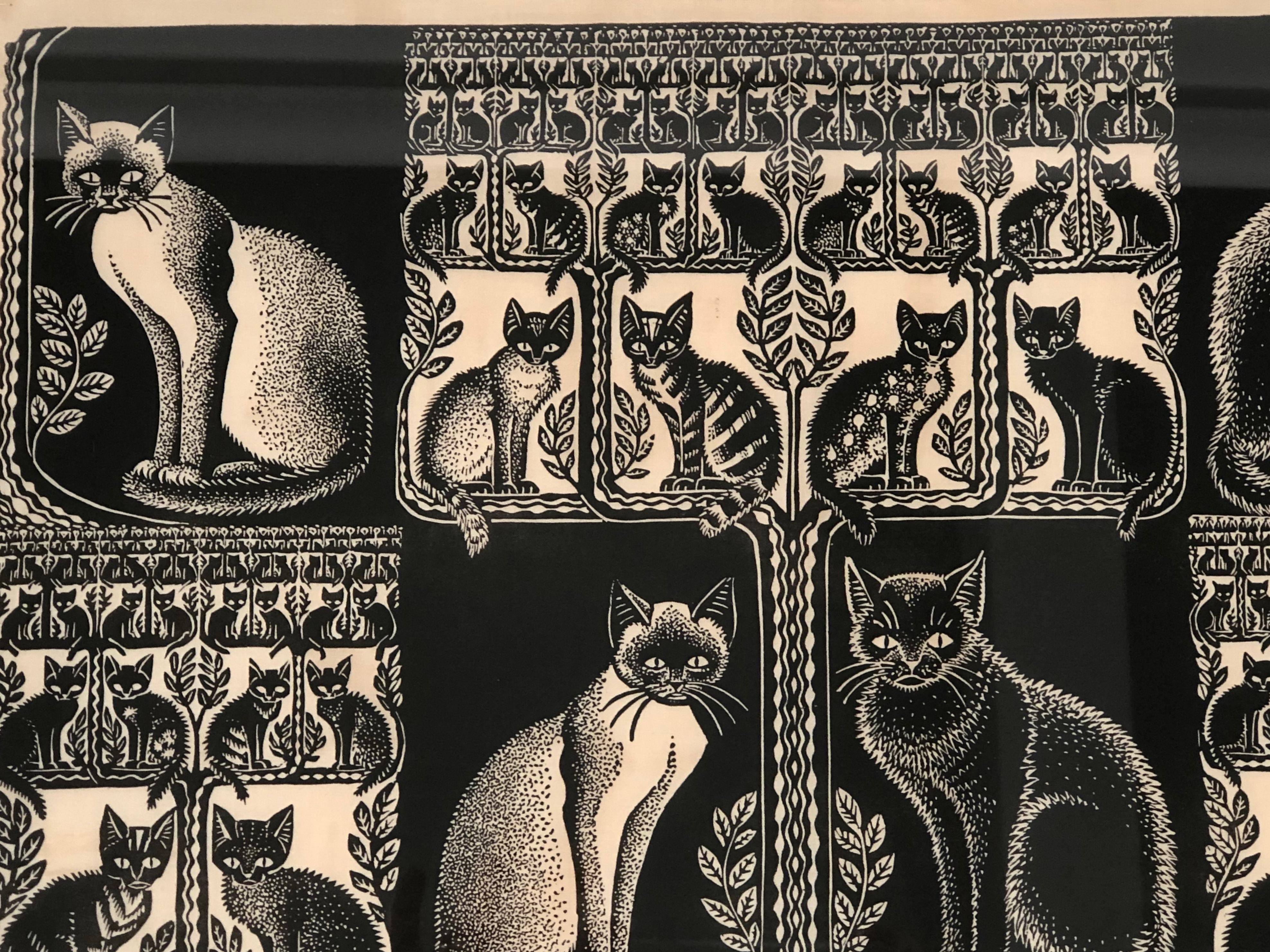 Mid-Century Modern Folly Cove Designers Cat and Kitten Themed Hand Block Print