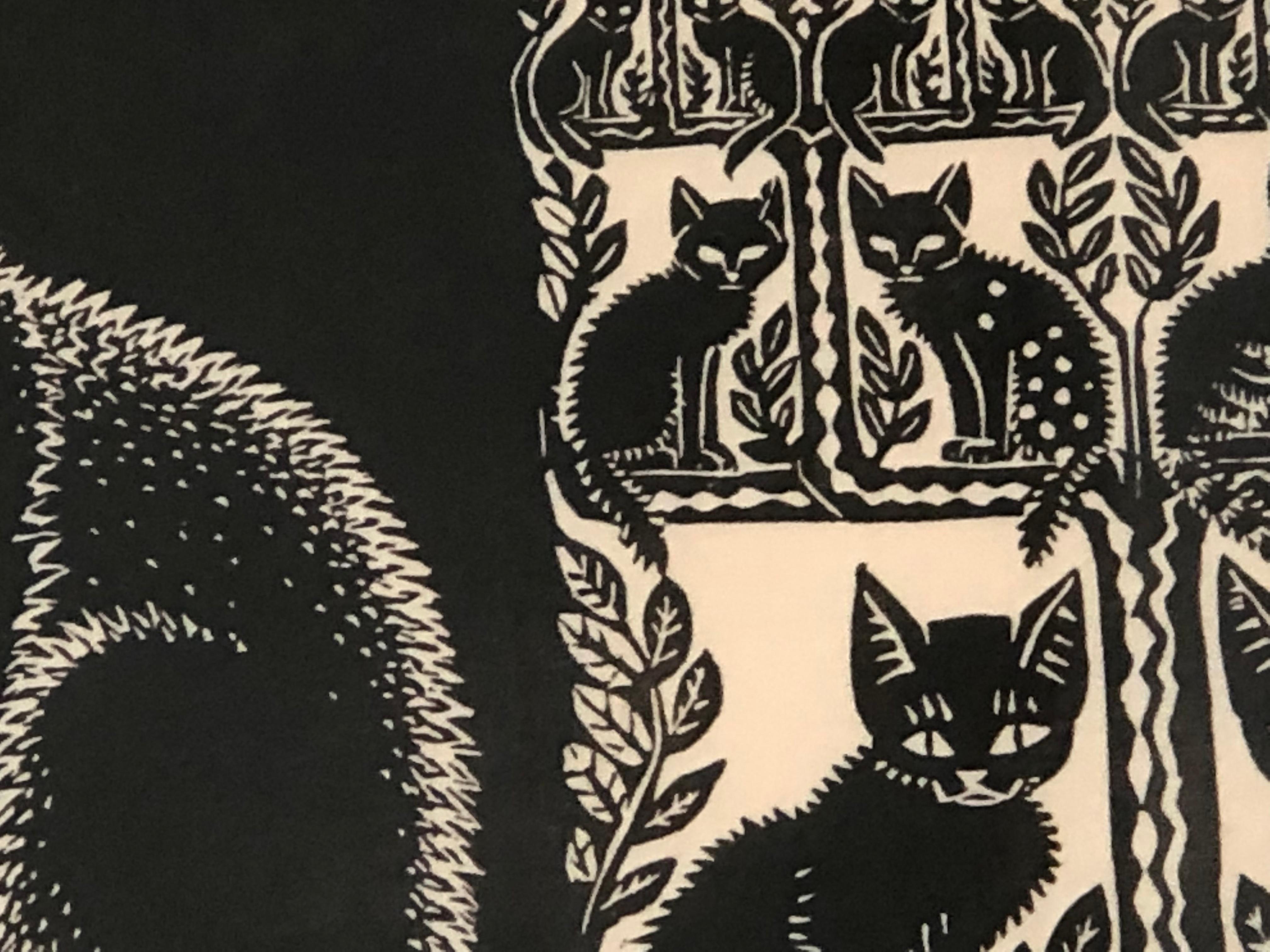 Folly Cove Designers Cat and Kitten Themed Hand Block Print In Good Condition In Essex, MA
