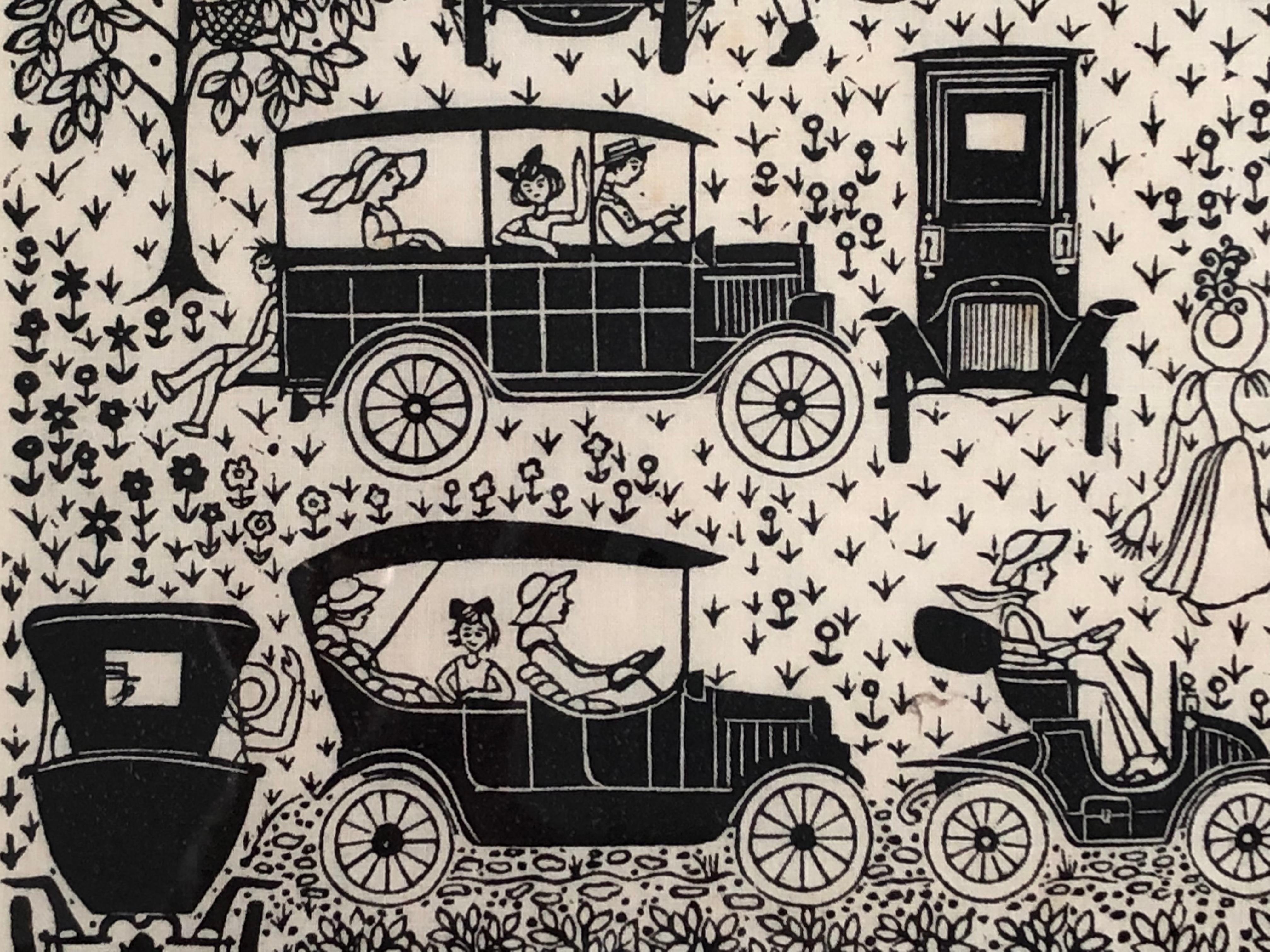 20th Century Folly Cove Designers Hand Block Printed Textile with Antique Automobiles