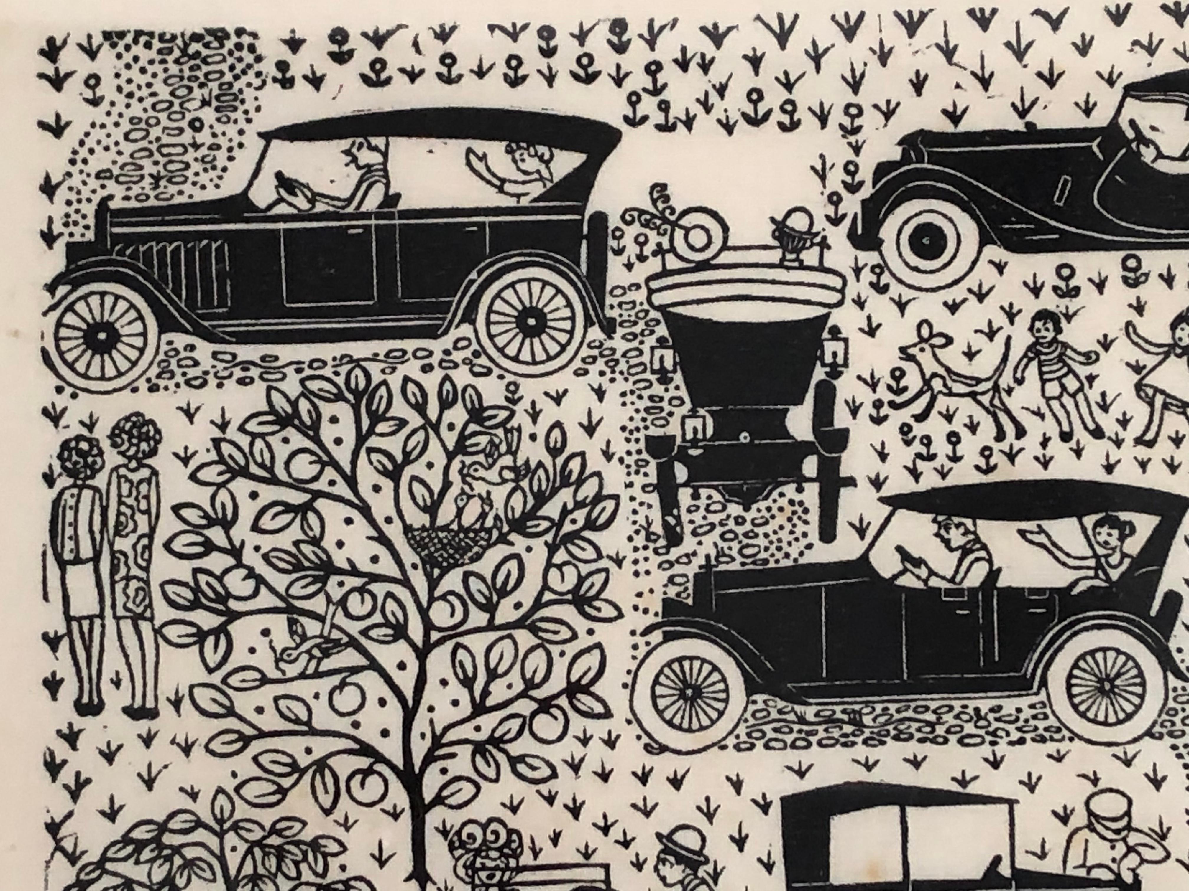 Glass Folly Cove Designers Hand Block Printed Textile with Antique Automobiles