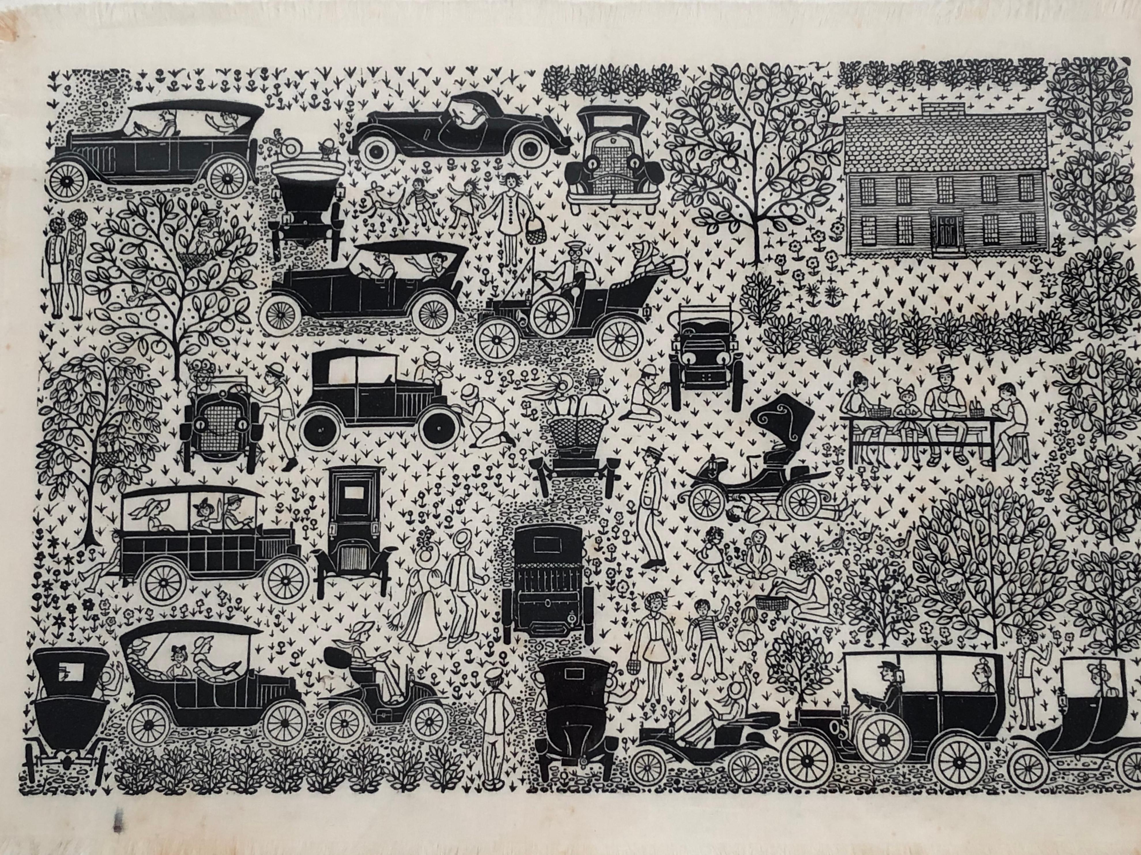 An original Folly Cove designers hand block printed textile, in the Up Country Meet pattern designed by Louise Kenyon, circa 1964, in black on tan colored cotton. This whimsical pattern depicts an array of antique automobiles, children and adults