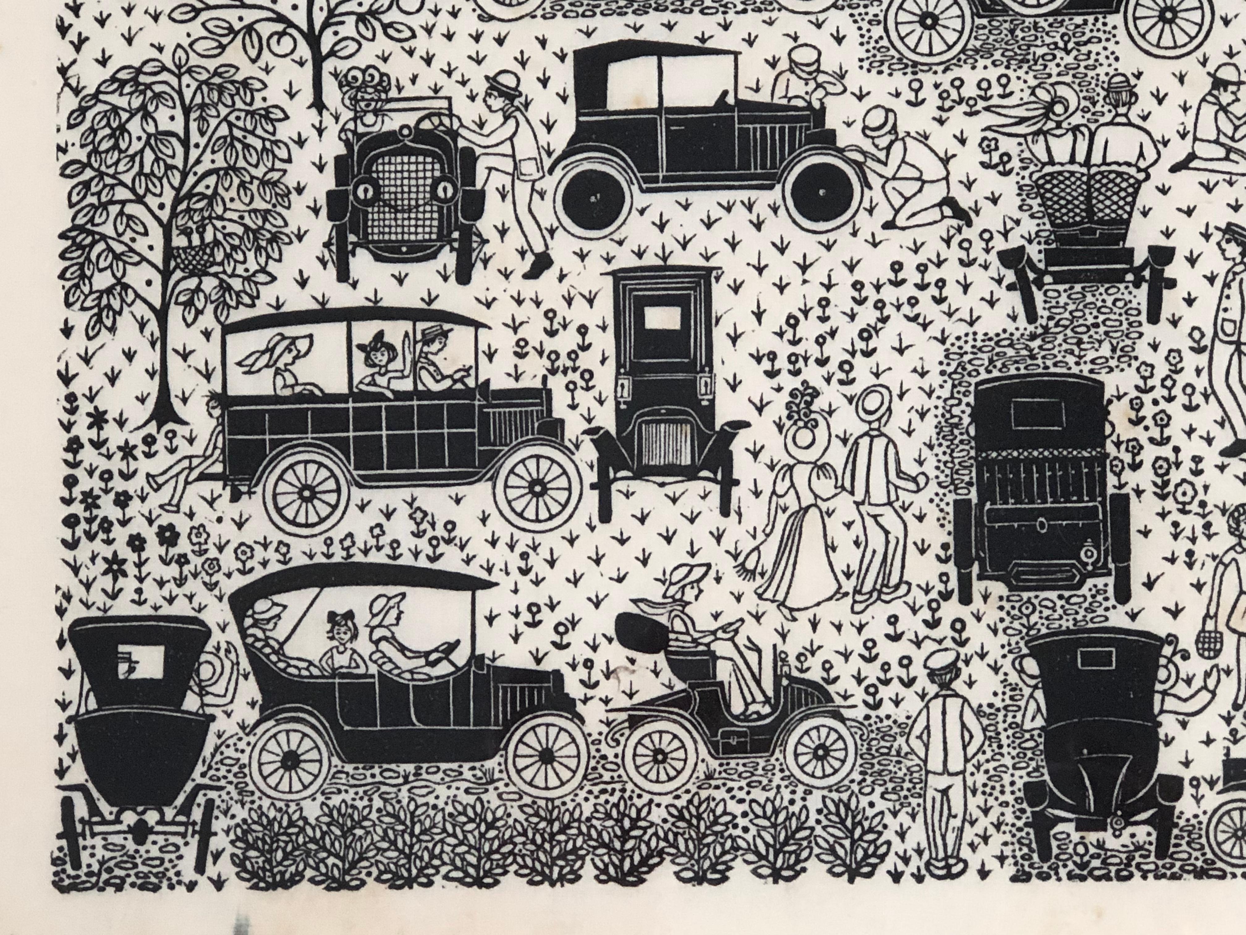 Folly Cove Designers Hand Block gedruckt Textil mit antiken Automobilen (Moderne der Mitte des Jahrhunderts)