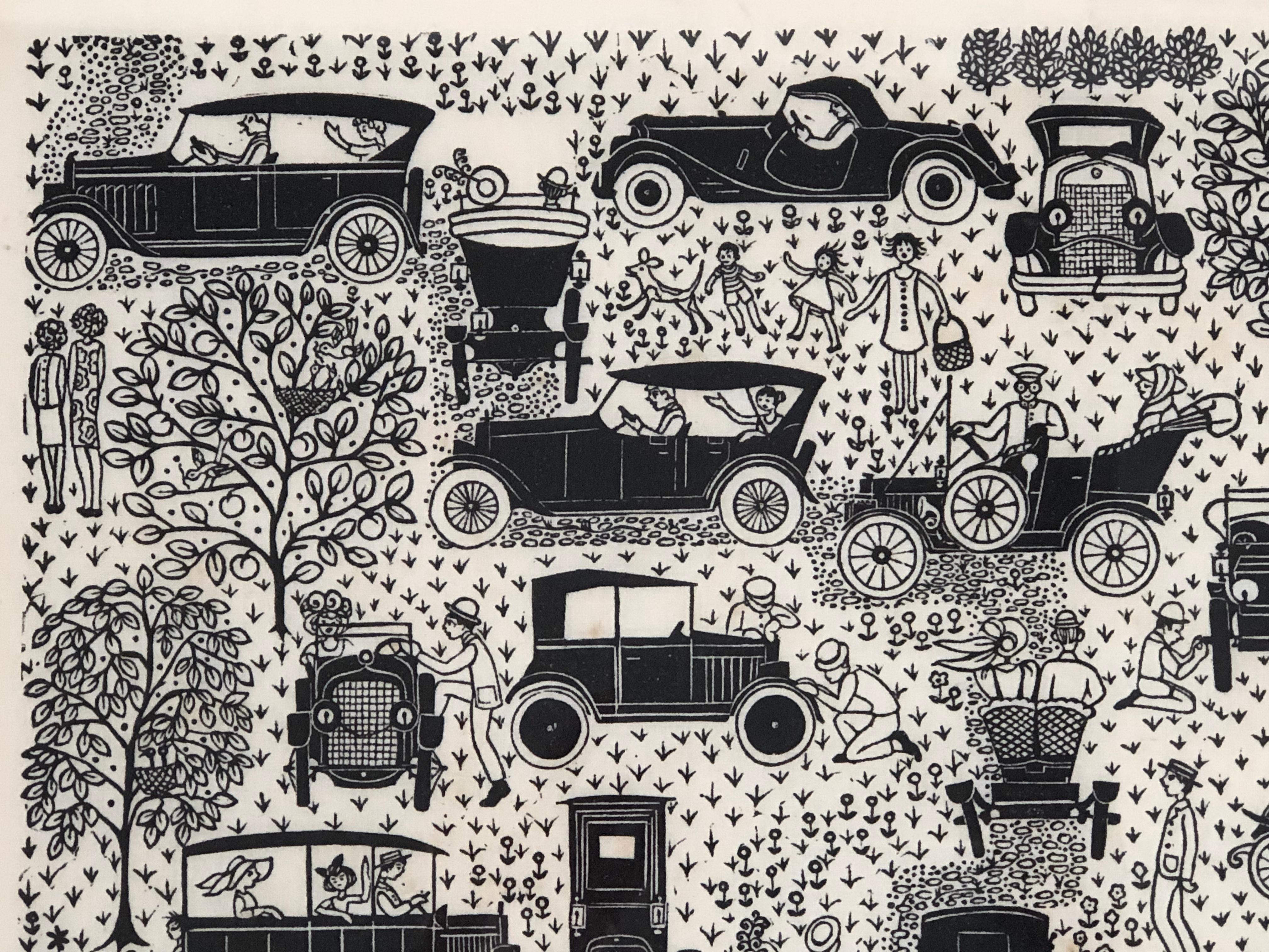 Folly Cove Designers Hand Block gedruckt Textil mit antiken Automobilen (amerikanisch)
