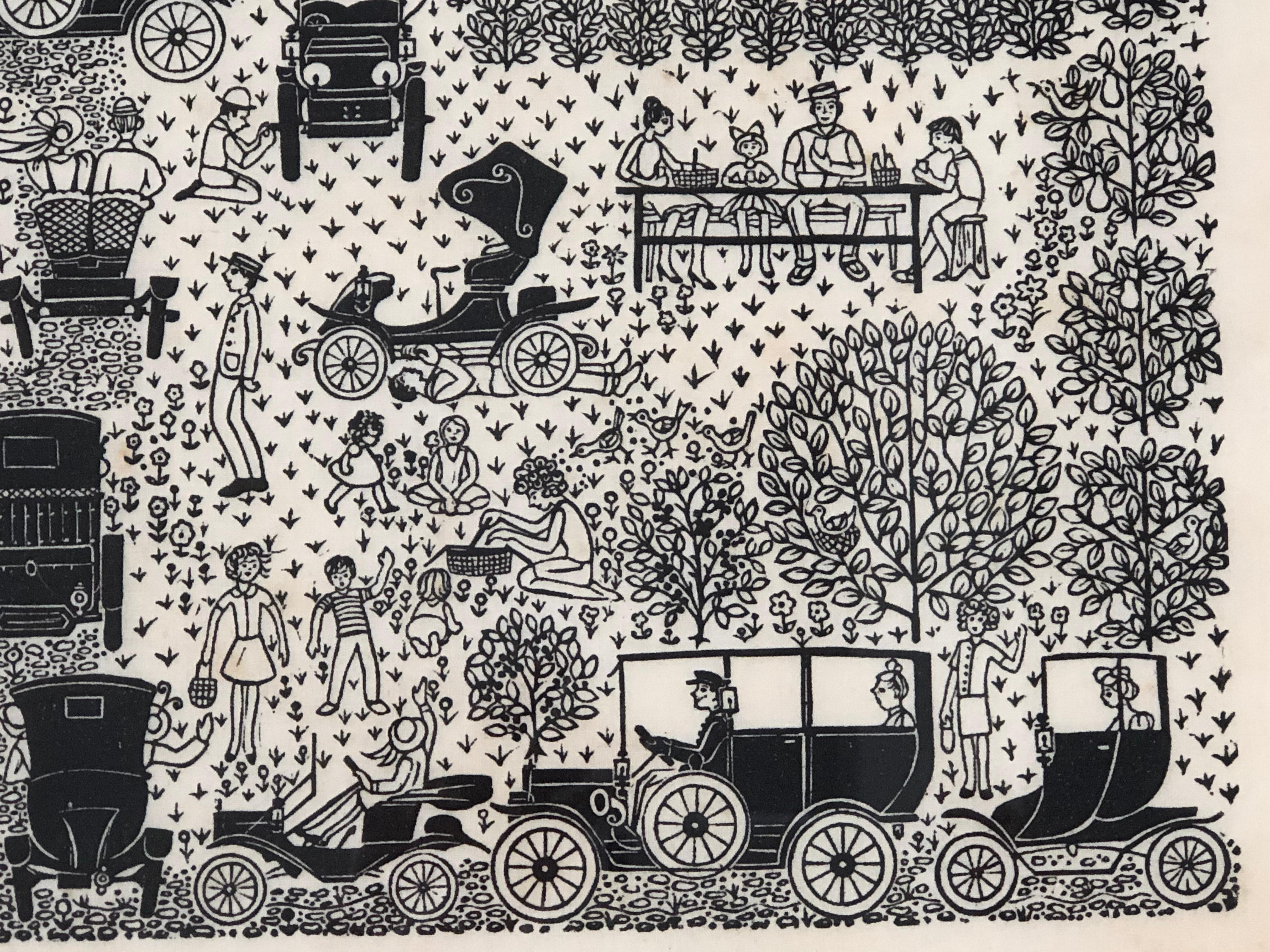 Hand-Crafted Folly Cove Designers Hand Block Printed Textile with Antique Automobiles