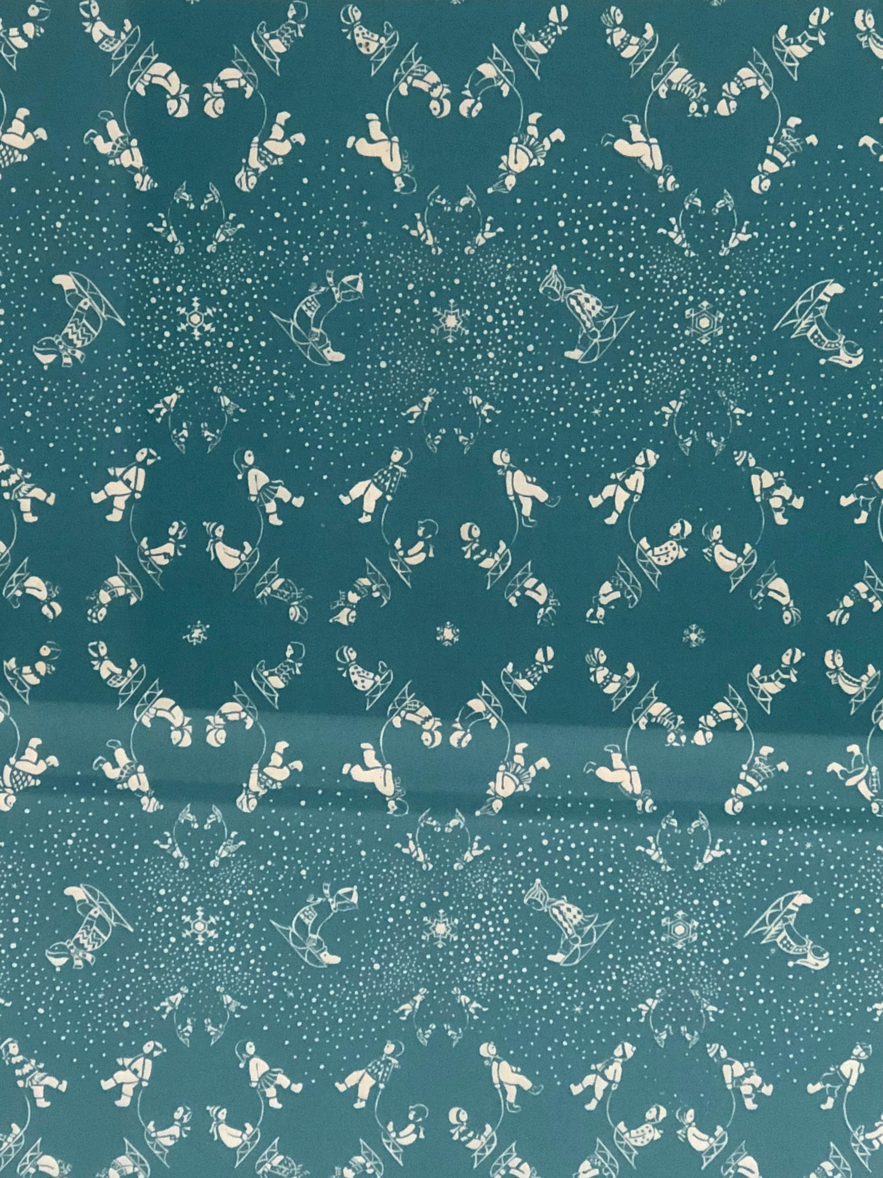 An original Folly Cove Designers hand block printed textile, circa 1955, in the Snow Flurry pattern designed by Mary Maletskos, circa 1955 in slate blue on cream colored linen. Archivally mounted (hand sewn), on an acid free linen matte, with custom