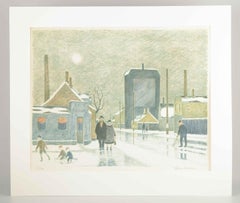 Folmer Bendtsen. Color lithograph. Working-class neighborhood in wintertime.