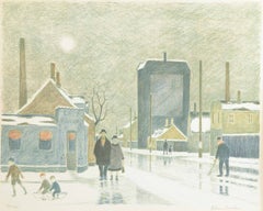 Folmer Bendtsen. Color lithograph. Working-class neighborhood in wintertime.