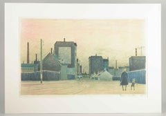 Folmer Bendtsen, Danish artist. Color lithograph. Working-class district. 1966