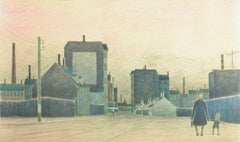 Folmer Bendtsen, Danish artist. Color lithograph. Working-class district. 1966