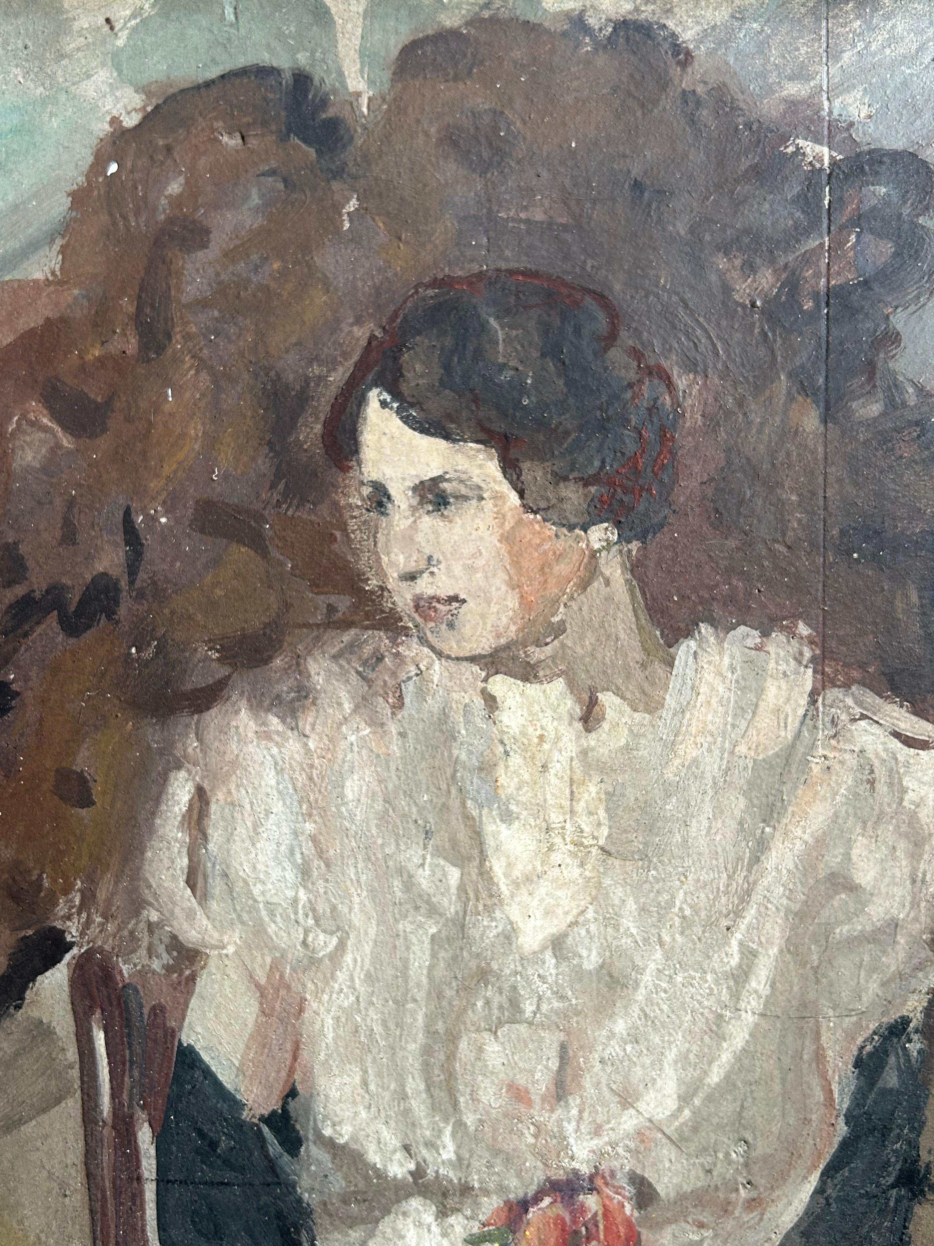 This rare and unique artwork by Danish artist Folmer Bonnén is a striking example of his impressionistic yet expressive style. Painted in 1922, it depicts a seated woman in an elegant white dress, her presence both delicate and introspective. The