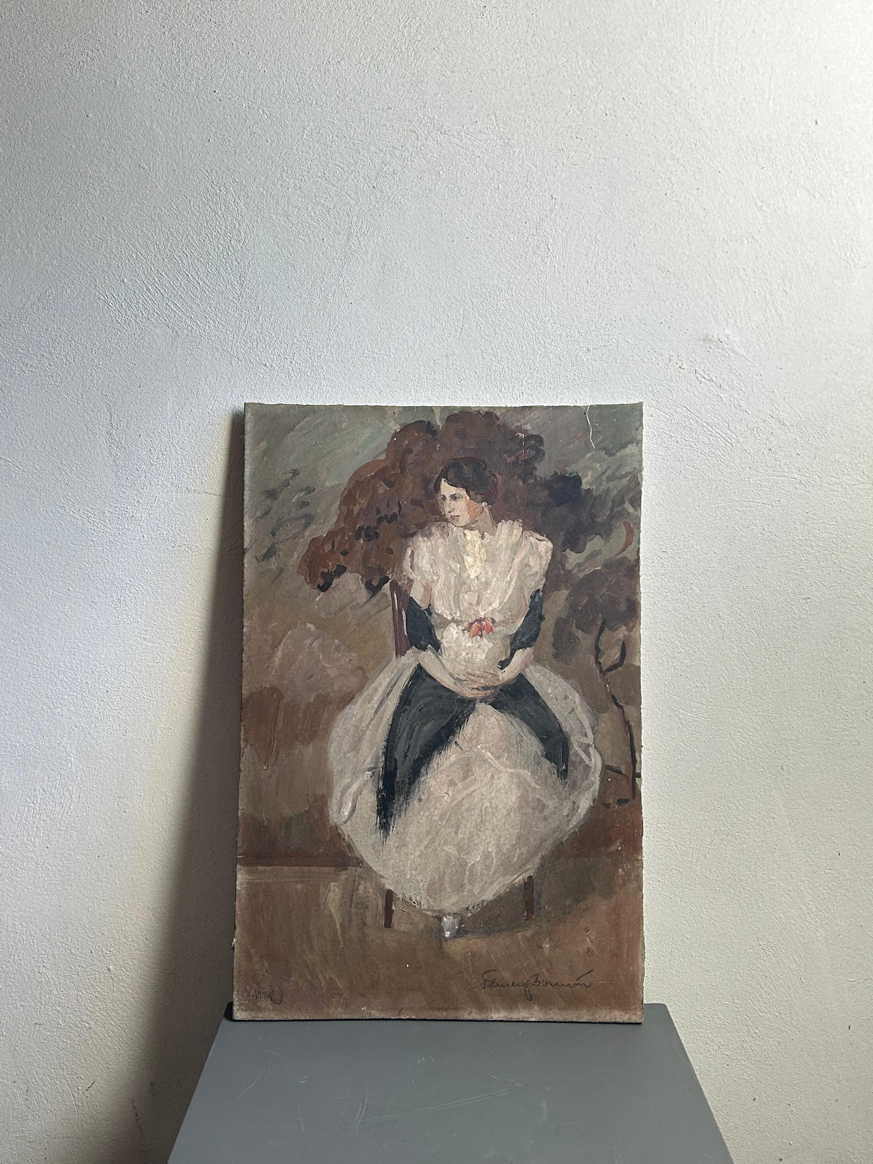 Folmer Bonnén (1885-1963) – Woman in White, Painted on Stone, Denmark 1922 In Good Condition For Sale In Valby, 84
