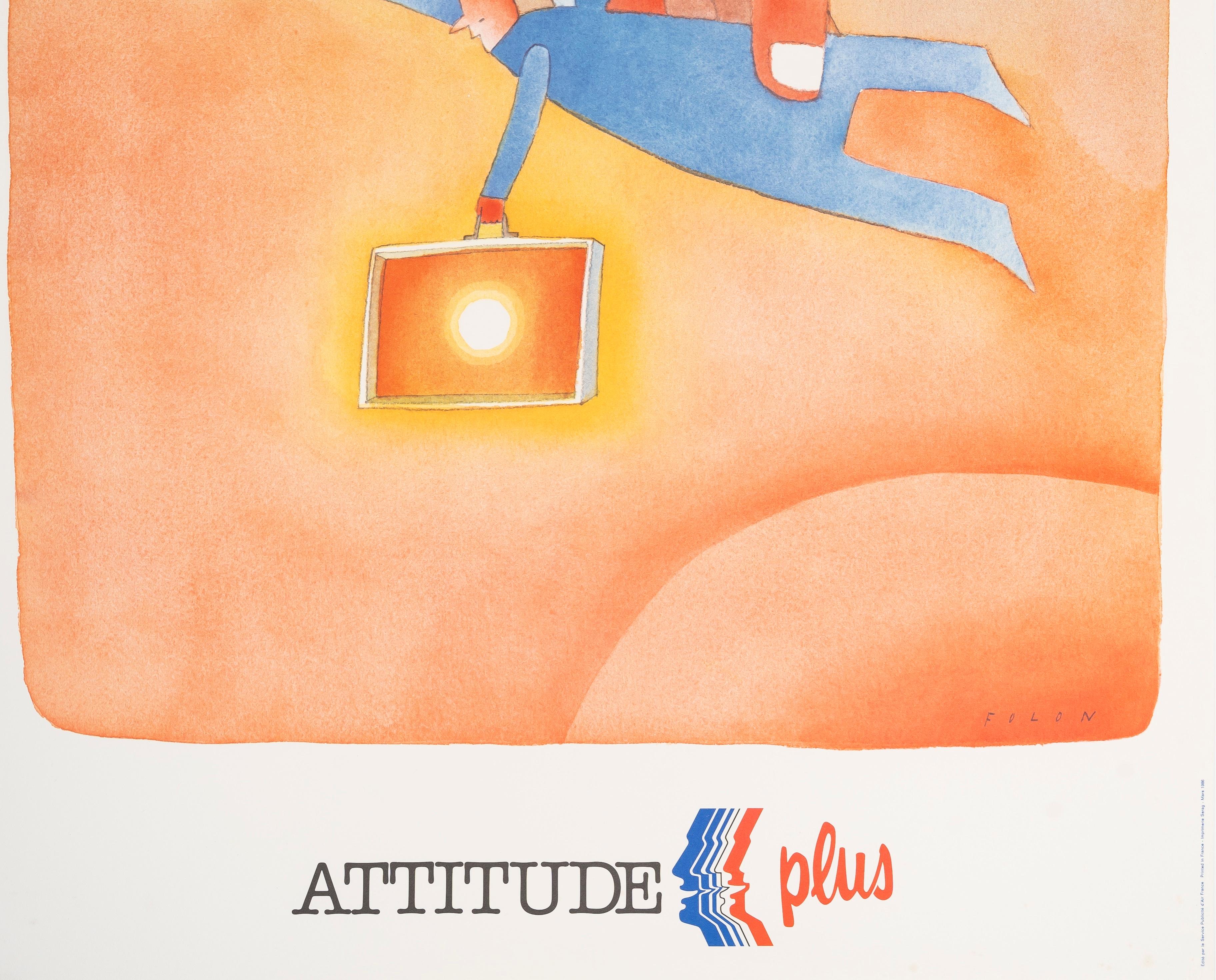 Mid-Century Modern Folon, Original Aviation Poster, Air France, Clouds, Sky, Angel, Sun, Plane 1986 For Sale