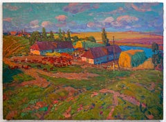 Vintage Landscape Painting Oil Canvas Sunset Summer Village Cows Art by Fomin A.